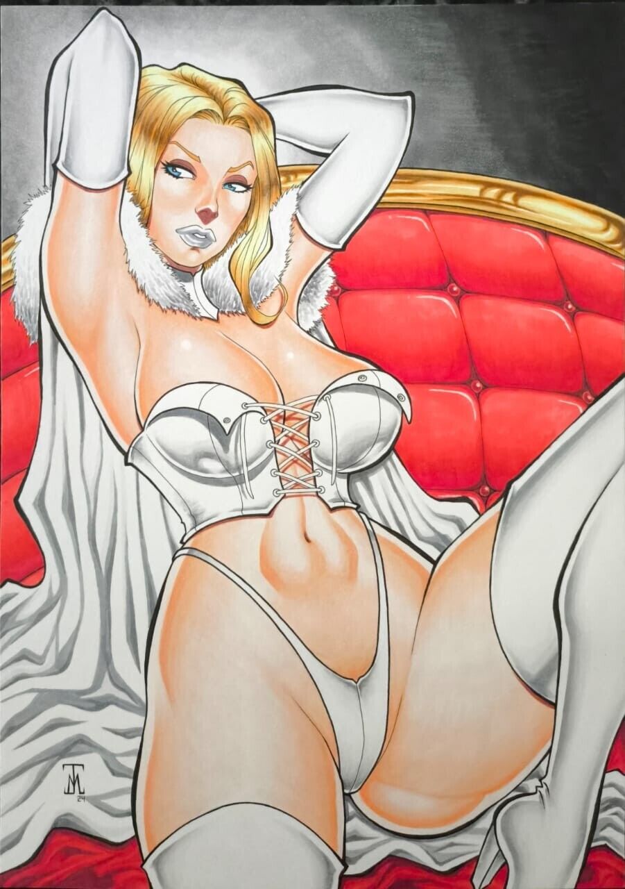 blonde_hair blue_eyes breasts cape cleavage corset ed_benes_studio emma_frost hellfire_club large_breasts lingerie marvel marvel_comics mauro_junior navel opera_gloves panties silver_lipstick thighhighs white_queen x-men