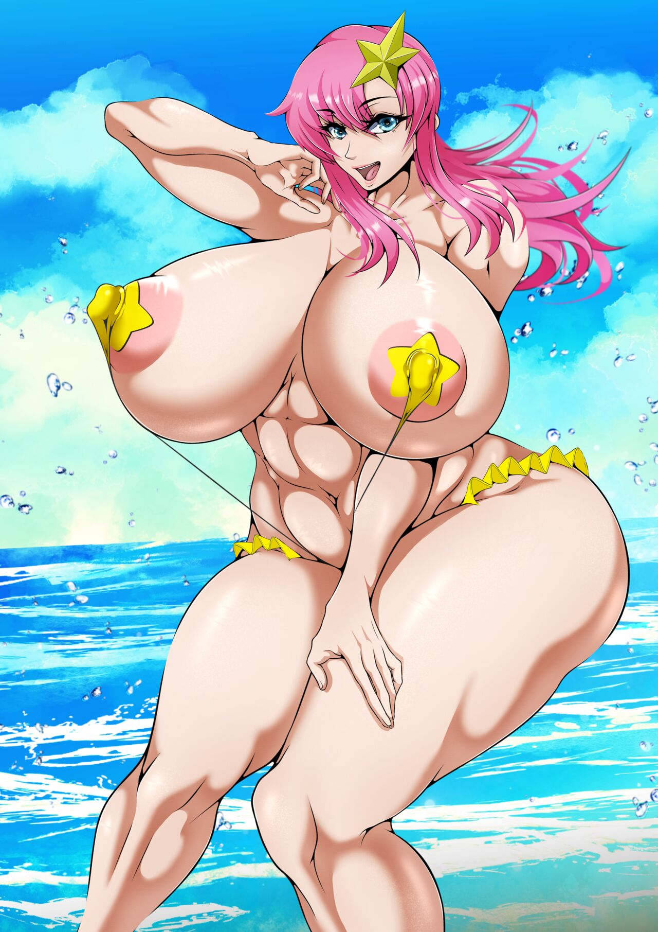 beach bikini blue_eyes gundam gundam_seed gundam_seed_destiny looking_at_viewer meer_campbell mojihe nipple_suspension_bikini pink_hair water