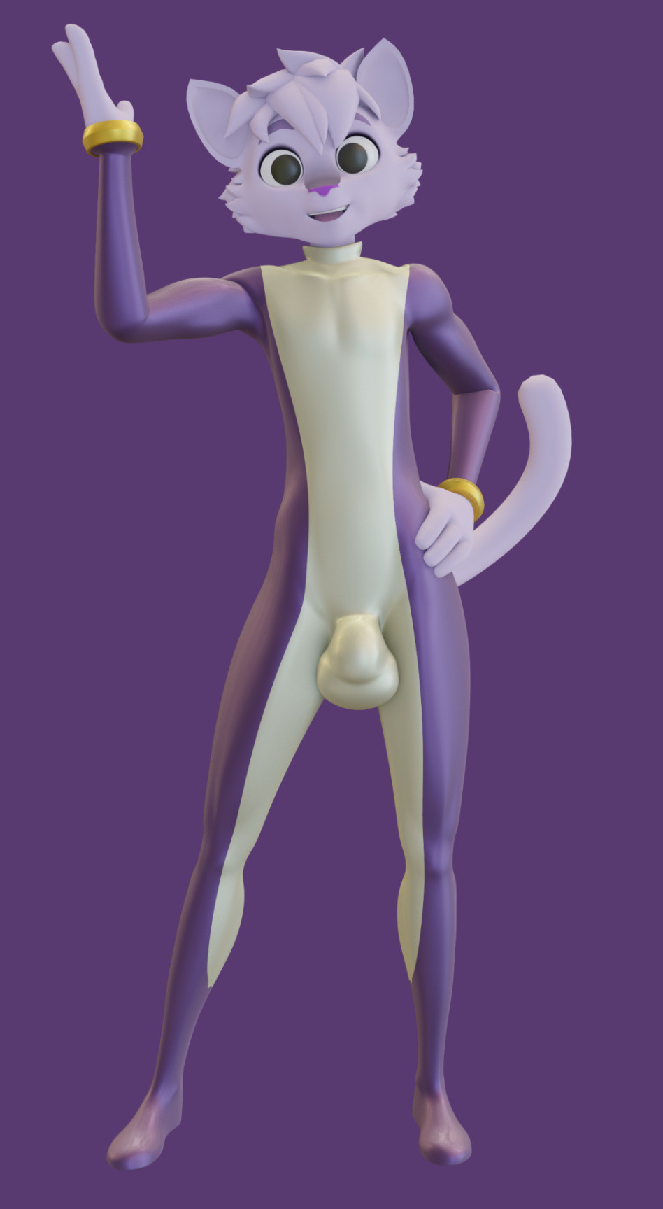 2019 3d 4_fingers anthro black_eyes bodysuit bulge clothed clothing domestic_cat ducky_(artist) felid feline felis fingers front_view full-length_portrait fur furry hand_on_hip hi_res looking_at_viewer male male_only mammal open_mouth open_smile penis_outline portrait purple_background purple_body purple_fur purple_nose simple_background slim smile solo standing tight_clothing unnamed_purple_cat_(ducky)