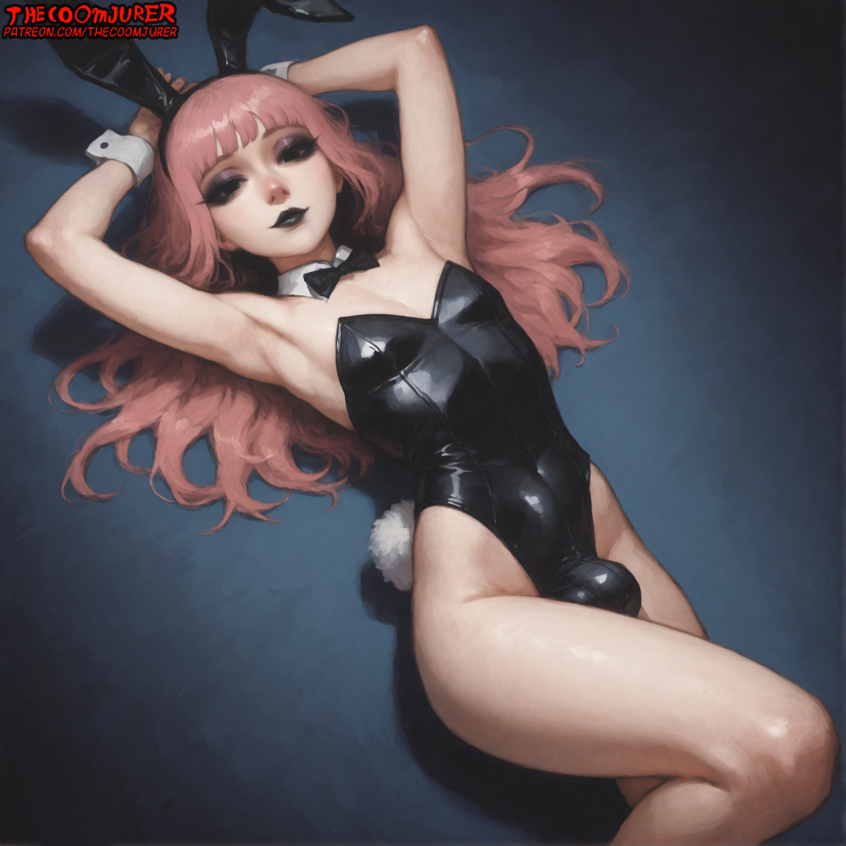 1boy, 1femboy, absurd res, absurdres, ai assisted, ai generated, armpits, arms up, bangs, black eyes, black lipstick, bulge, bulge through clothing, bunny costume, bunny ears, bunny tail, bunnysuit, crossdressing, cute, cute face, eyelashes, eyeliner, femboy, gay, girly, goth, hand on head, high resolution, highres, laying down, laying on back, light-skinned male, lipstick, long hair, looking at viewer, makeup, male, male only, more at source, on back, otoko no ko, penis, petite, petite body, petite male, pink hair, shy, sissy, solo, thecoomjurer, thighs, tomgirl, trap, twink, yaoi