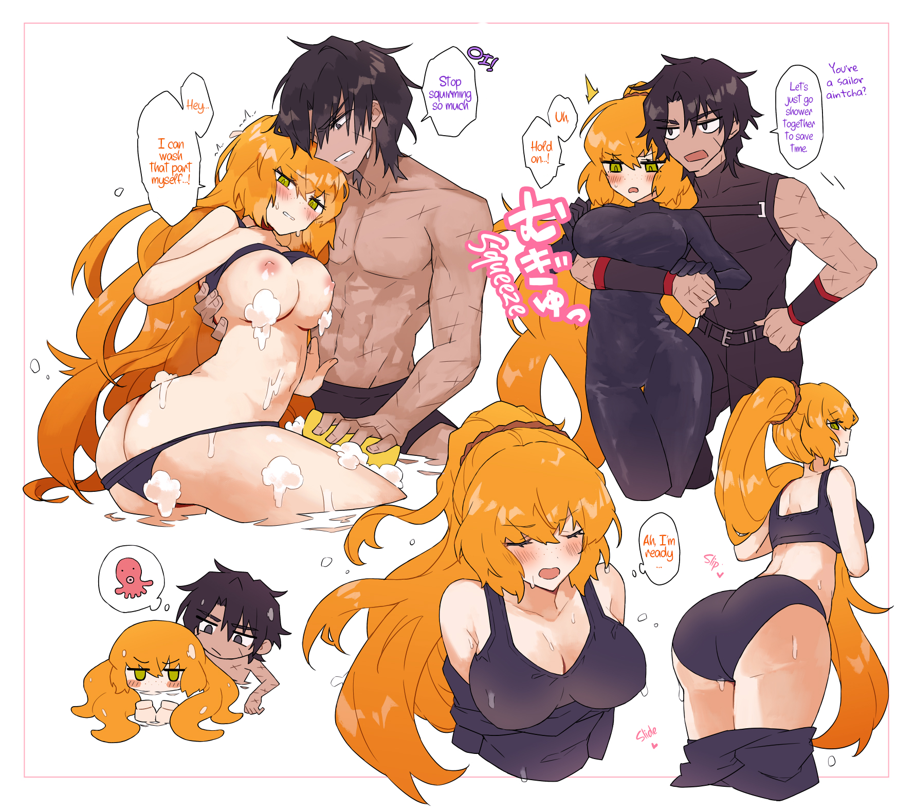 1boy, ass, black bodysuit, black bra, black panties, blush, bodysuit, bra, breasts, brown hair, clothing, dark skin, dark-skinned male, female, green eyes, heathcliff (limbus company), high ponytail, highres, ishmael (limbus company), large breasts, legs together, limbus company, long hair, male, matching underwear, mixed-sex bathing, molar boatworks fixer ishmael (limbus company), nipples, open mouth, orange hair, panties, project moon, purple eyes, sasaki comics, sasakicomics, shared bathing, shi assoc south section 5  (limbus company), shi assoc south section 5 heathcliff (limbus company), shipping, simple background, speech bubble, straight, translated, underwear, very long hair, wetsuit, white background