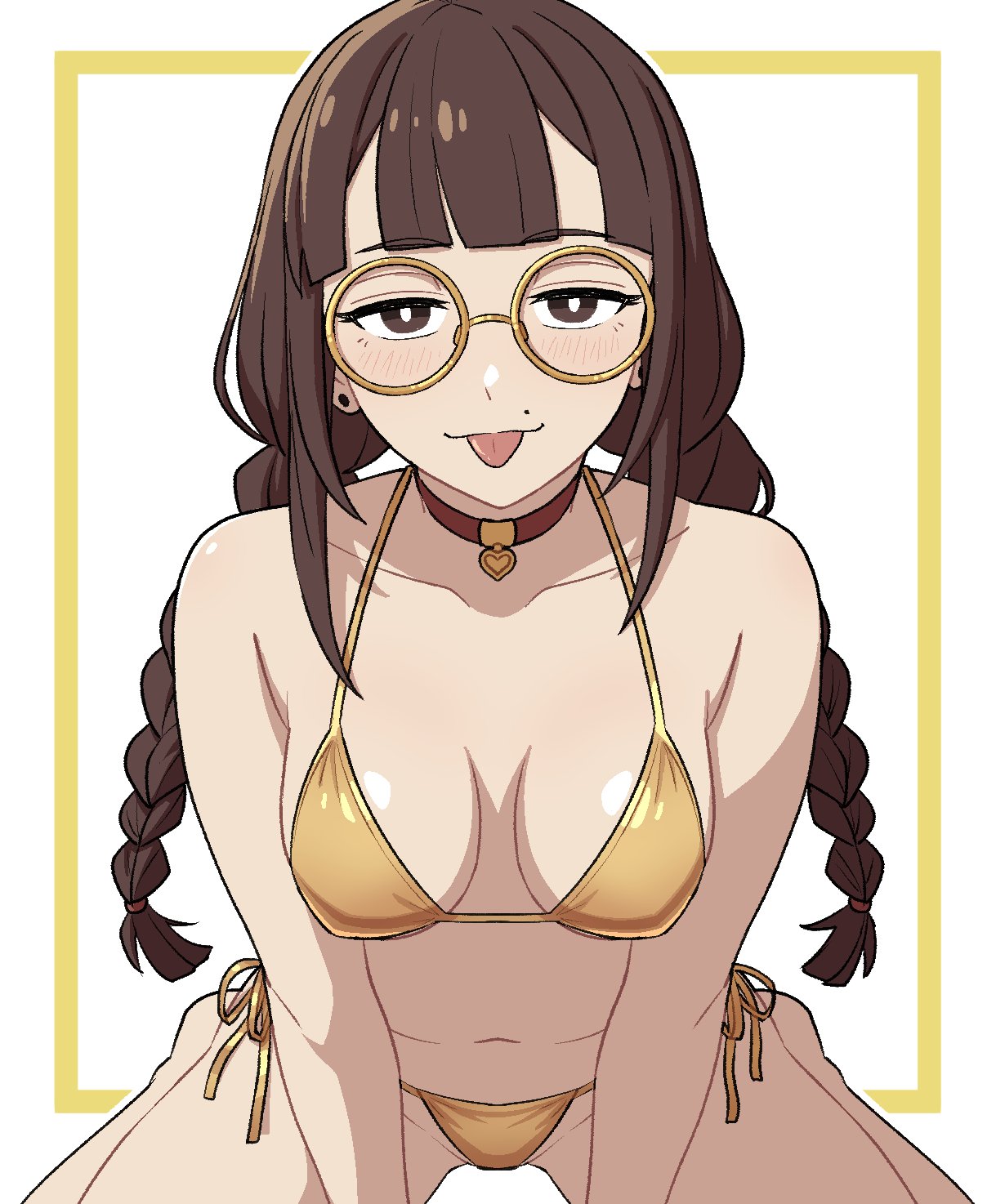 1girls bikini braided_twintails collar female female_only glasses golden_bikini lewdismug mole realda_(vibrantrida) round_glasses sole_female swimsuit tongue_out twin_braids twintails vibrantrida