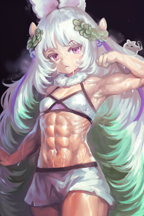 1girls abs biceps flexing long_hair muscular purple_eyes sweat sweaty traptrix_cularia white_hair yilx yu-gi-oh!