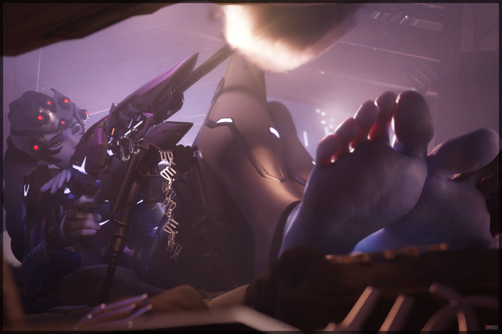 1girls, 3d, barefoot, big feet, clothed, feet, feet up, female, foot fetish, foot focus, hi res, high resolution, highres, long legs, long toes, meaty soles, overwatch, overwatch 2, presenting feet, purple skin, sneaky1snacks, sniper, soles, solo, solo female, toes, widowmaker, wtsnacks1