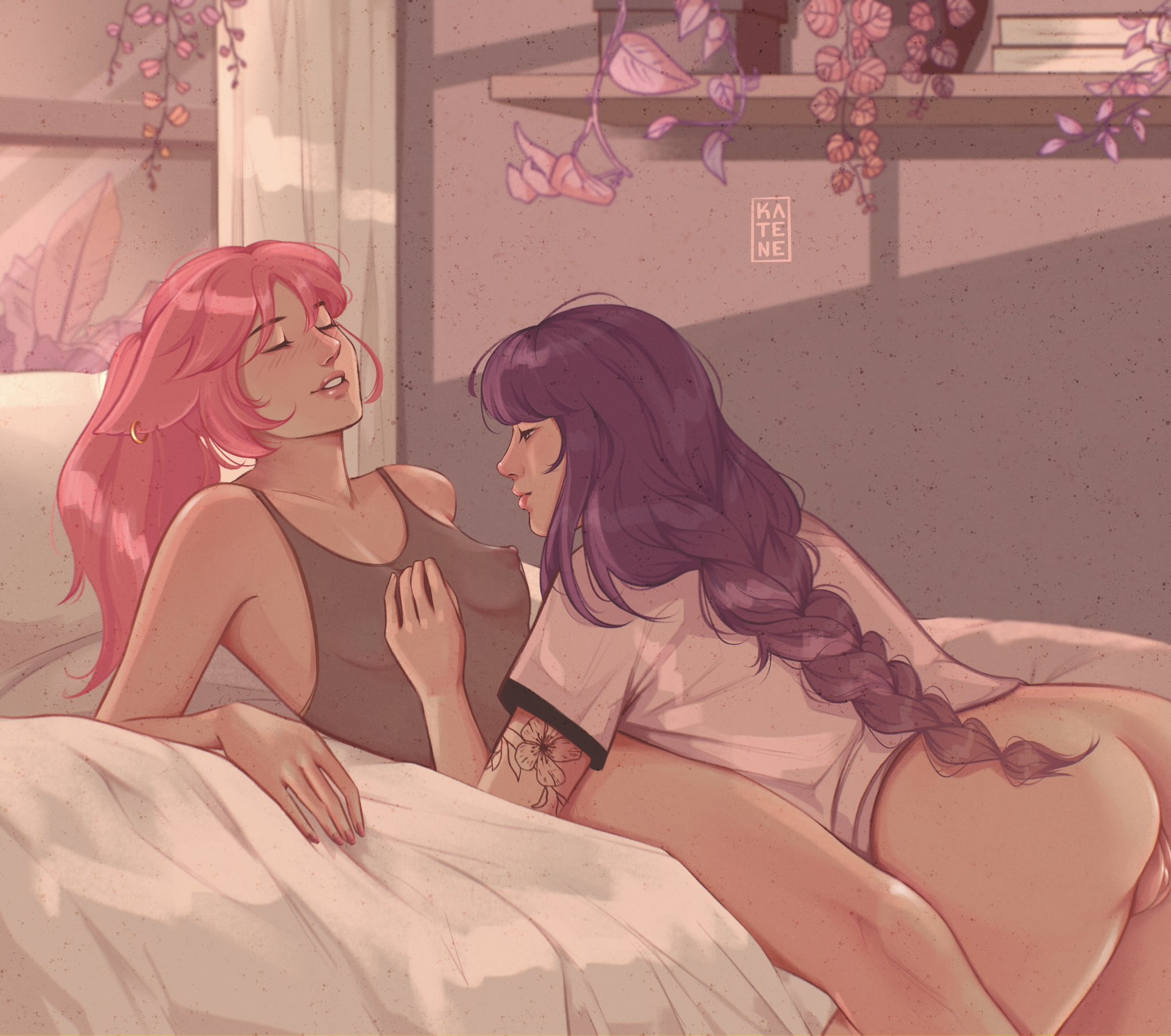 2girls, animal ears, artist logo, artist name, ass, bed, bed sheet, bedroom, blush, braided hair, breasts, closed eyes, color, earrings, erect nipples, female, female only, female with female, female/female, functionally nude, genshin impact, highres, katene, kemonomimi, labia, lighting, lipstick, long hair, looking pleasured, lying, lying on back, lying on bed, mihoyo, multiple females, multiple girls, nipple tweak, nipples, painted nails, partially clothed, pink hair, plant, purple hair, pussy, pussy peek, raiden shogun, romantic, romantic couple, see-through, slight blush, smile, watermark, white shirt, wholesome, yae miko, yuri