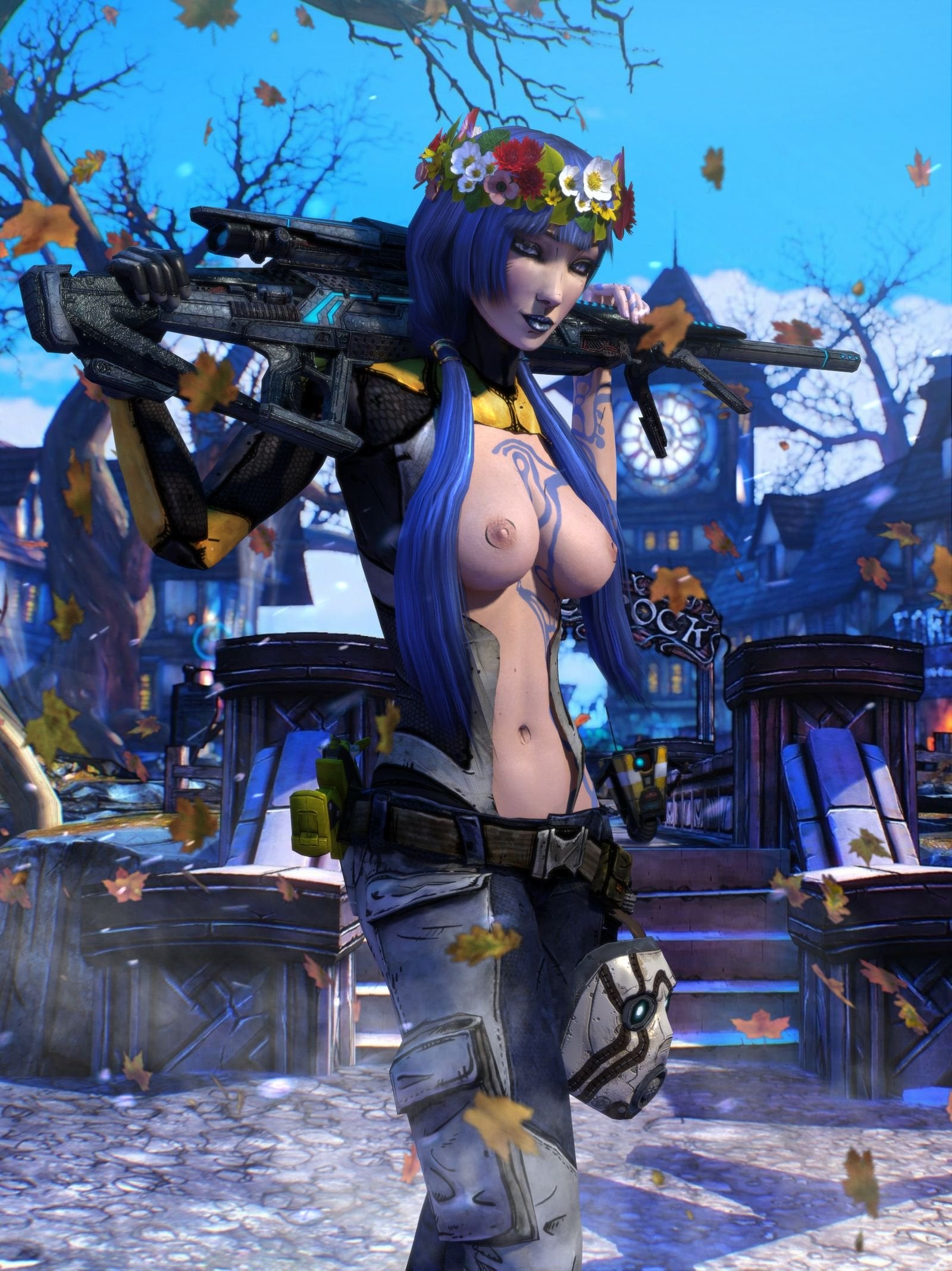 1girls, 3d, blue hair, body markings, borderlands, borderlands 3, breasts, breasts out, claptrap, detailed background, female, female only, flower crown, flowers, gun, holding gun, holding weapon, jeans, maya (borderlands), nipples, no artist signature, siren (borderlands), siren markings, solo, solo female, tattoo, themadarchitect, twintails