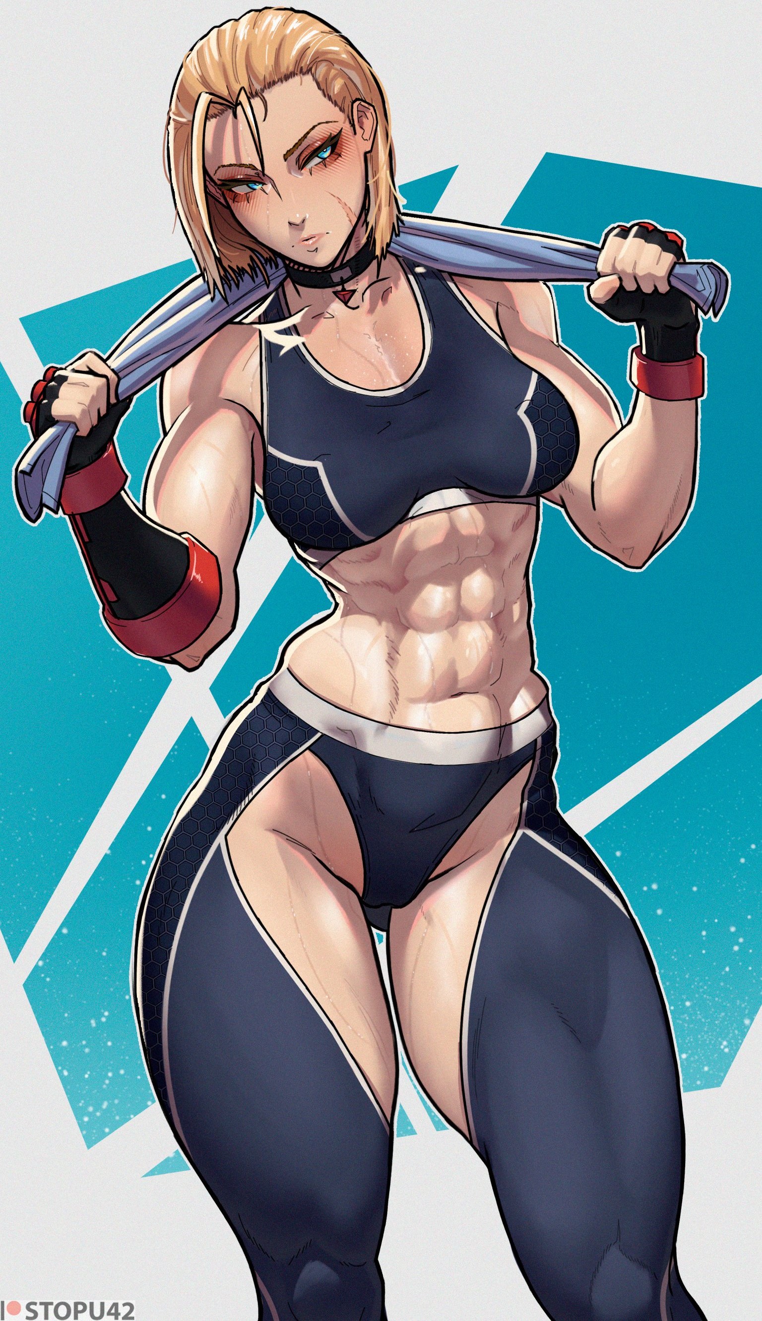 1girls, abs, absurdres, blonde hair, blue eyes, cammy white, curvy, female, female only, fully clothed, highres, muscular, muscular female, scar, scar on face, shiny skin, solo, stopu, street fighter, street fighter 6, sweat, tank top, thick thighs, thighs, toned, towel, towel around neck, wide hips