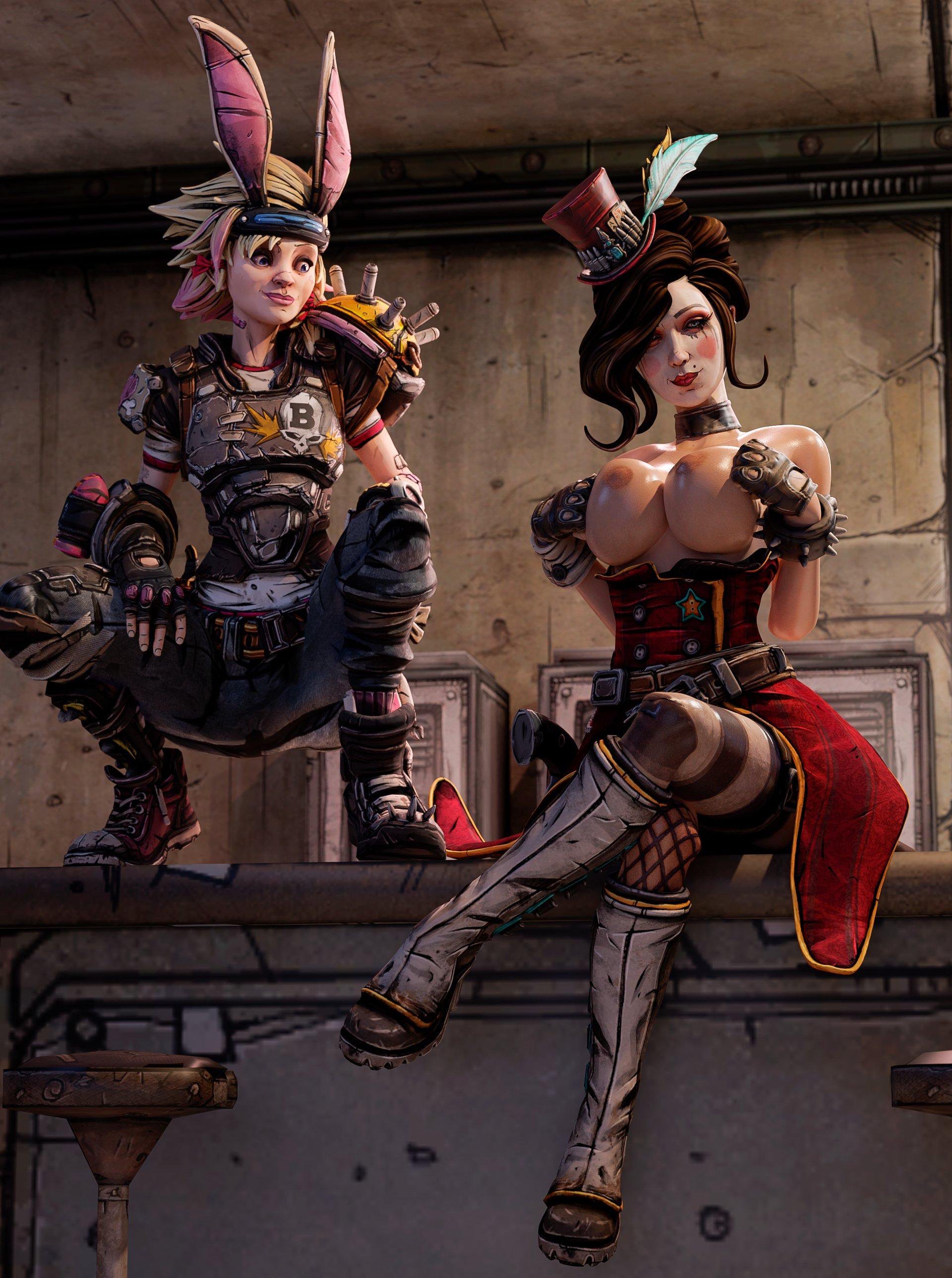 2girls, 3d, admiring, beauty mark, borderlands, borderlands 3, breasts, cel shading, facepaint, female, female only, garean, grabbing own breast, mad moxxi, nipples, tiny tina, watching