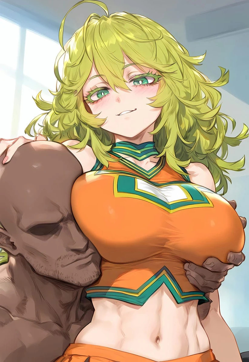 1boy 1girls ai_generated big_breasts blush boku_no_hero_academia breast_grab cheerleader dark-skinned_male dark_skin green_eyes green_hair huge_breasts interracial light-skinned_female light_skin looking_at_viewer massive_breasts medium_hair multicolored_hair muscular_male my_hero_academia nakatori nude nude_male shounen_jump smiling squatting sweat sweatdrop tooru_hagakure tooru_hagakure_(visible) voluptuous voluptuous_female