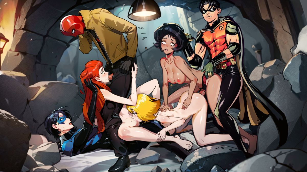 3boys 3girls abs ai_generated alex_(totally_spies) batman_(series) breasts clover_(totally_spies) crossover dc dc_comics dick_grayson doggy_style female hair_pull hair_pulling jason_todd male muscular muscular_male nightwing oral oral_sex penis red_hood_(dc) robin_(dc) robin_(tim_drake) sam_(totally_spies) strap-on tim_drake totally_spies