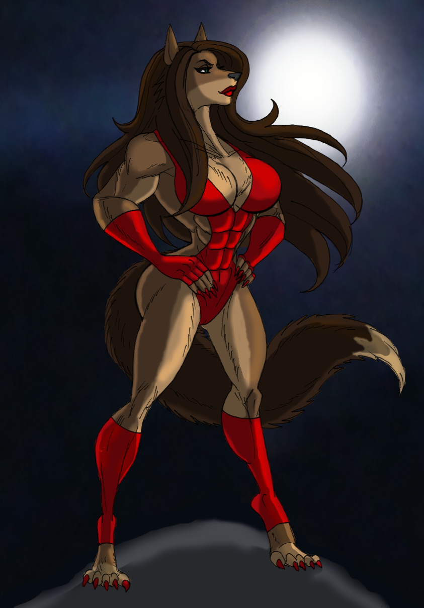 abs female full_moon huge_ass huge_breasts human_to_anthro johnnyharadrim lady_lycan leotard muscle_growth muscular_female post_transformation skin_split species_transformation superheroine thick_thighs transformation werewolf wide_hips