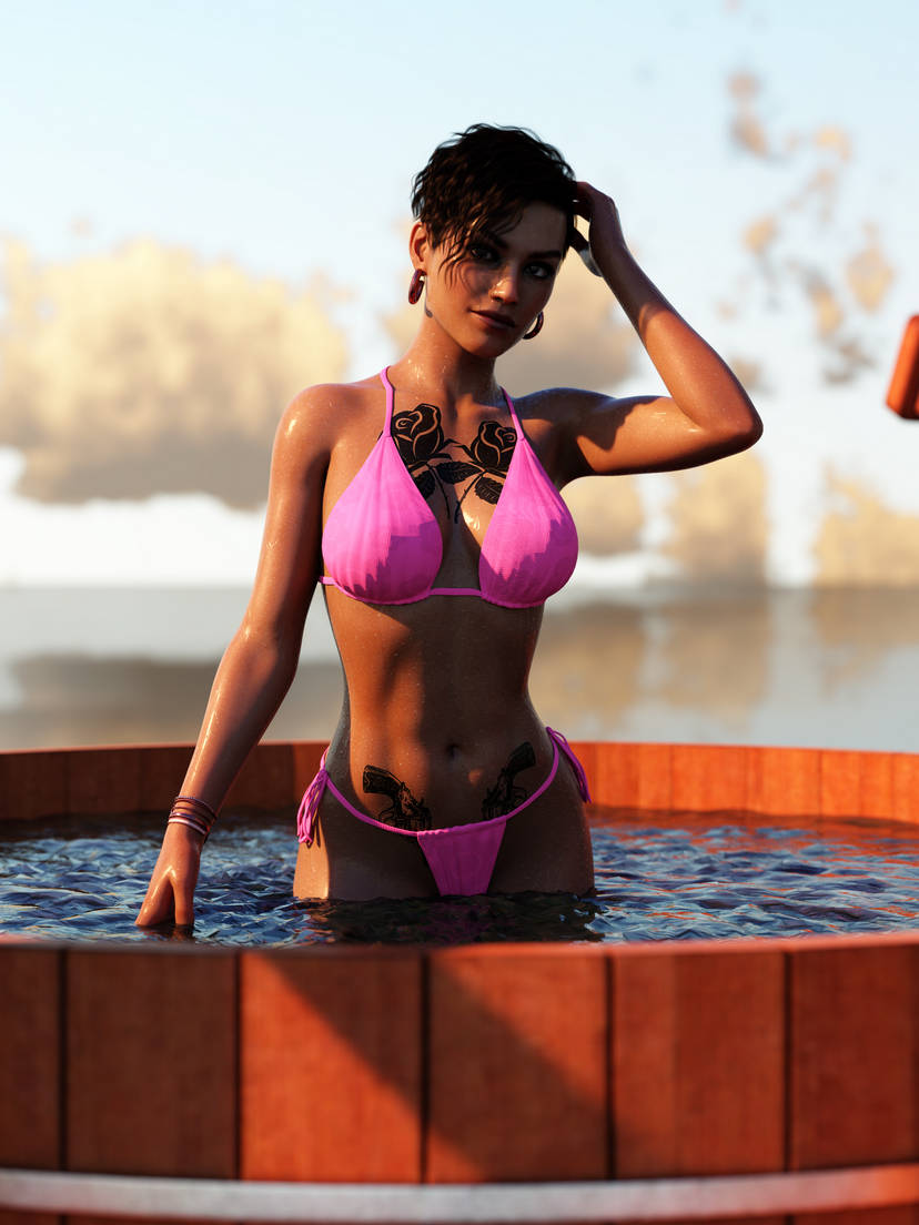 1girls 3d bikini black_hair chest_tattoo dark-skinned_female dark_skin earrings female female_only flower_tattoo large_breasts looking_at_viewer original outdoor outdoors outside pink_bikini qazollo short_hair solo_female standing standing_in_water swimsuit tattoo