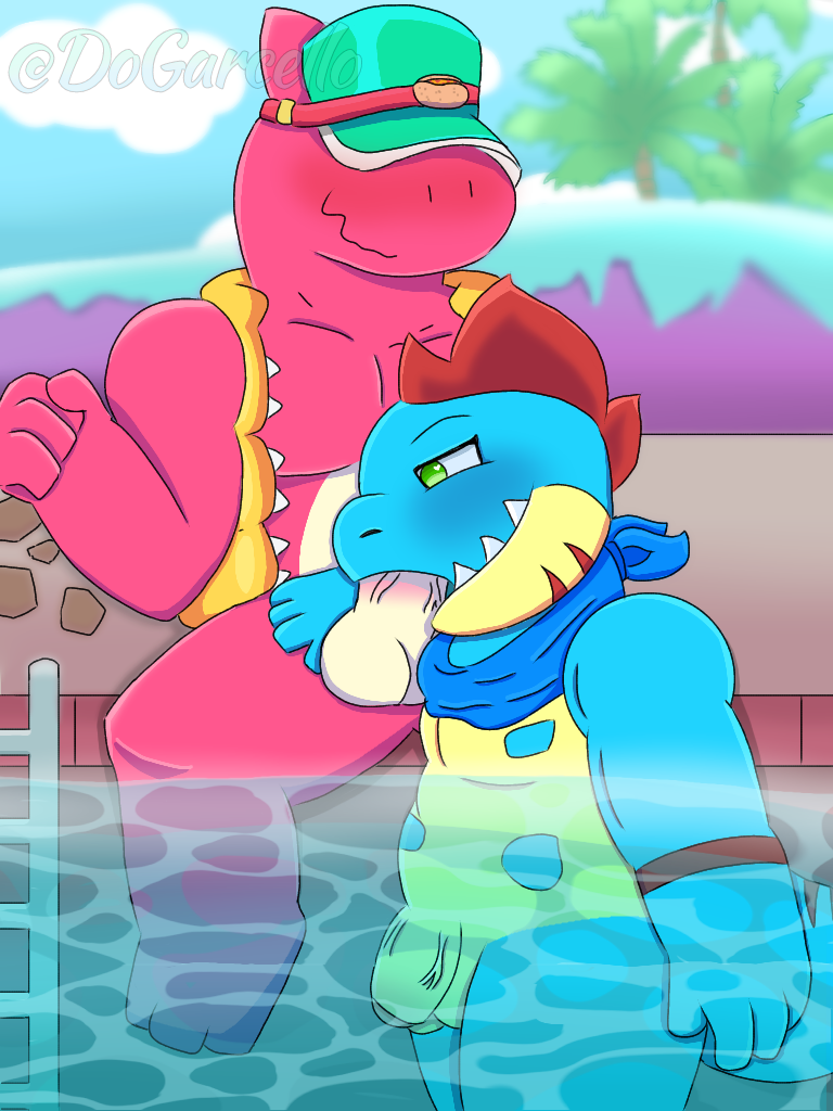 anthro big_penis blue_skin brawl_stars croconaw dinosaur dogarcello dogarcello_(artist) doug_(brawl_stars) fat_ass fat_man floater gay gay_sex licking licking_penis murderdroid_(artist) oral pink_skin pokémon_(species) pokemon pool scalie swimming_pool