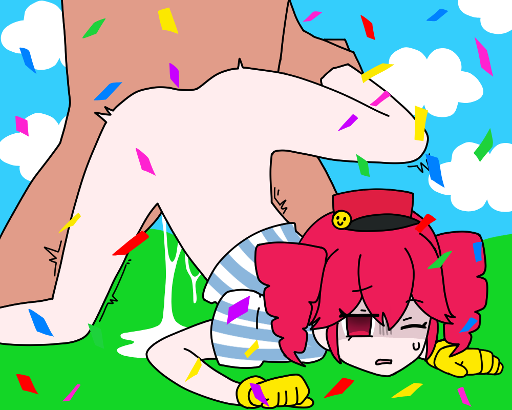 1boy 1girls accurate_art_style bottomless carameldacat confetti cum cum_drip drill_hair dripping dripping_cum empty_eyes gloves hat interracial kasane_teto medium_hair mesmerizer_(vocaloid) mesmerizer_teto mv_character official_style one_eye_closed penetration pink_eyes pink_hair rape red_hat sex shaded_face shirt straight twin_drills utau vertical-striped_shirt yellow_gloves