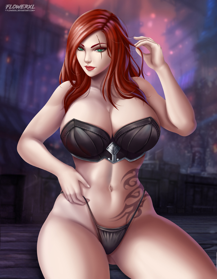 1girls, big breasts, bra, breasts, cleavage, female, female only, flowerxl, katarina du couteau, large breasts, league of legends, looking at viewer, panties, solo