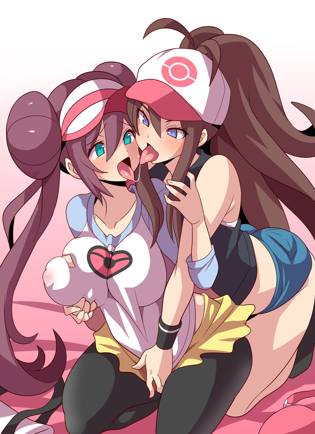 2girls alternate_breast_size anime_style aqua_eyes aroused ass bag big_breasts big_nipples blue_eyes blushing breast_grab breasts brown_hair double_bun drooling eye_contact female female_only from_behind game_freak groping groping_breast half-closed_eyes harlot hilda_(pokemon) huge_breasts human kiss kneeling konno_tohiro large_breasts lesbian_kiss looking_back nintendo pokeharlot pokemon pokemon_bw pokemon_bw2 ponytail puffy_nipple rosa_(pokemon) saliva saliva_string shorts skin_tight tank_top thick_thighs tight_clothing tongue tongue_out twintails wide_hips yuri