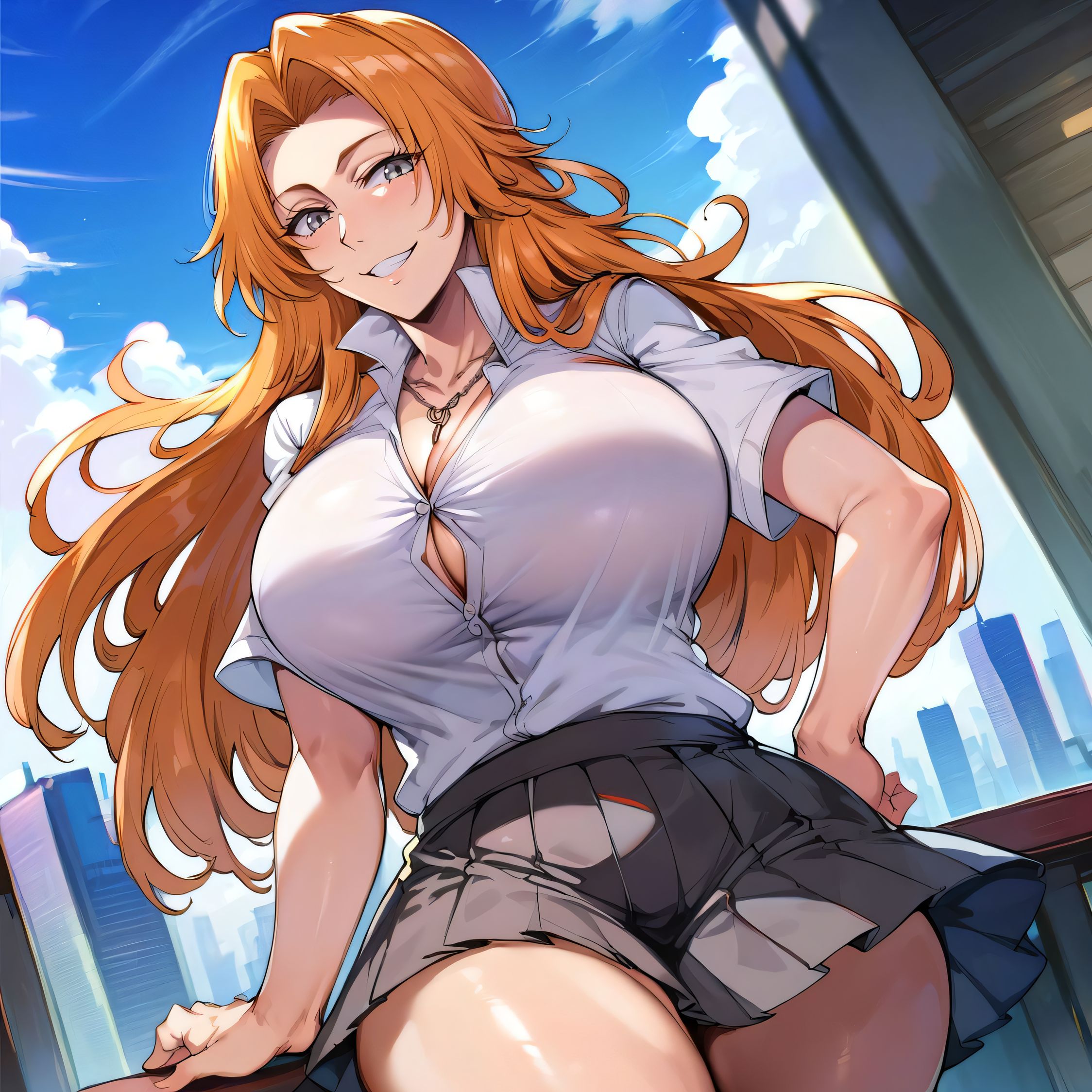 1girls, ai generated, alternate breast size, big breasts, bleach, breasts, busty, curvaceous, curvy, curvy body, curvy female, curvy figure, female, hand on hip, huge breasts, large breasts, matsumoto rangiku, nipples, school uniform, skirt, solo, sweat, sweating, sweaty, sweaty body, sweaty breasts, thick thighs, thighs