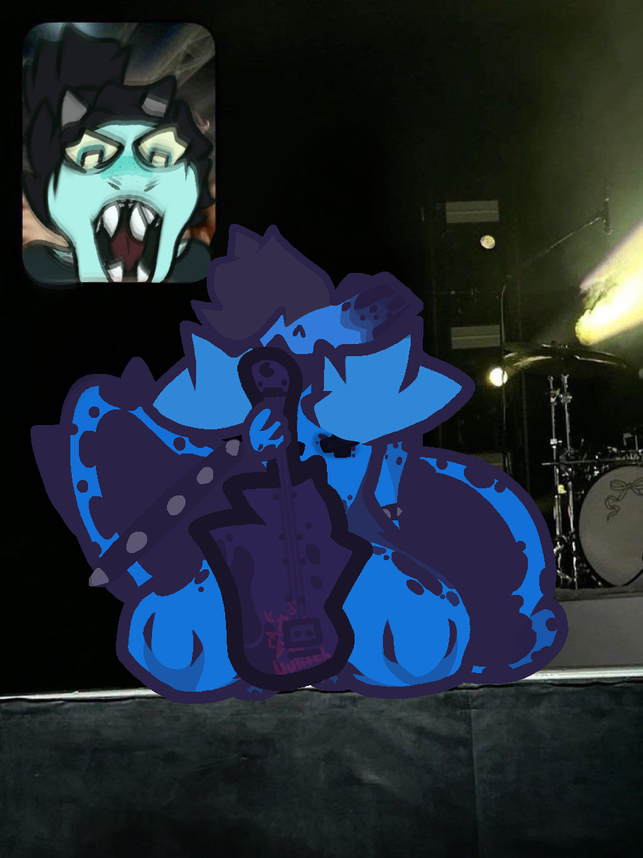 anthro anthro_only big_tail birthmark blue_body blue_eyes blue_fur blue_hair bracelet collar concert digital_media_(artwork) dinosaur duo electronics fan_screaming_at_madison_beer_(meme) fangs female femboy fur green_body guitar hair hi_res horn huge_tail humor hybrid jewelry looking_at_viewer male markings meme musical_instrument necklace nipple_tape nipples nude open_mouth pasties percussion_instrument photo_background photography_(artwork) plucked_string_instrument public public_nudity reptile rock scalie spiked_collar spikes string_instrument tail tape teeth thick_thighs ulit uulitch yal