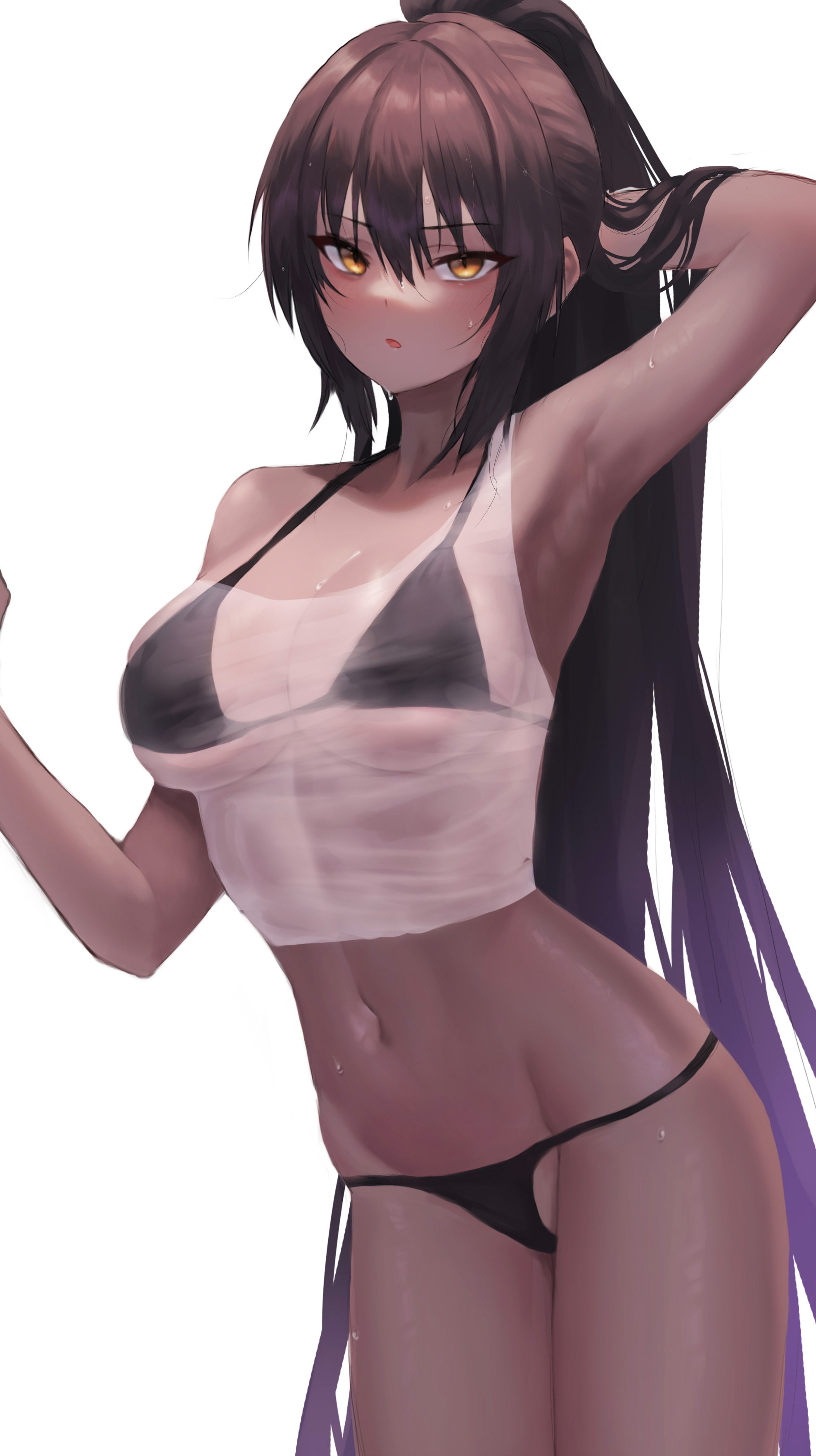 1girls, armpit, belly button, black bra, black hair, black panties, blue archive, blush, bra, breasts, cleaning & clearing (blue archive), dark skin, dark-skinned female, female, female only, jynack (nackjy09/gadeung hye), karin (blue archive), millennium science school student, panties, ponytail, simple background, solo, sweat, tank top, wet tank top, white background, yellow eyes