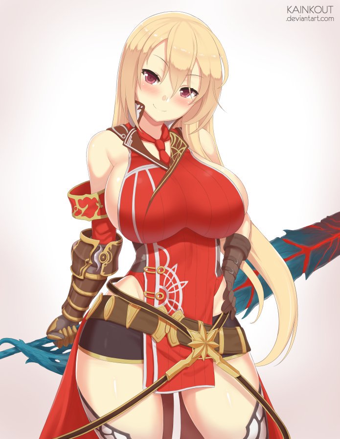 1girls, blonde hair, breasts, curvy, cute, female, female only, huge breasts, kainkout, loincloth, sideboob, skirt, solo, solo female, sword, weapon