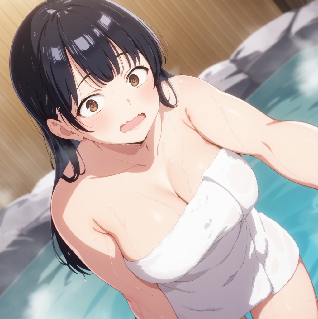ai generated, asian, asian female, big breasts, black hair, blush, boku no kokoro no yabai yatsu, breasts, brown eyes, curvaceous, curvy female, embarrassed, female, kiwifruit0501, large breasts, light skin, light-skinned female, long hair, squatting, sweat, sweatdrop, towel, towel only, voluptuous, voluptuous female, water, yamada anna