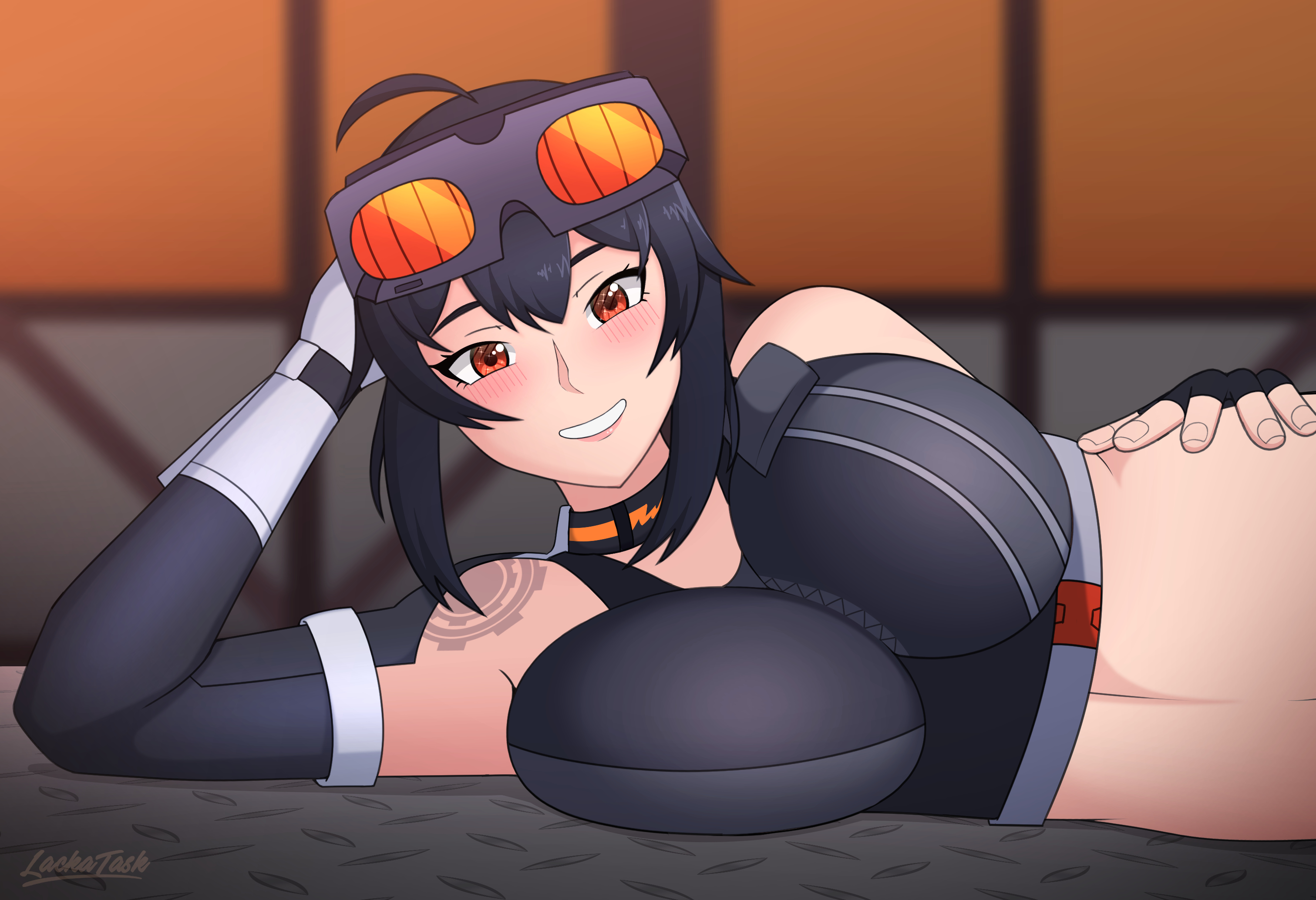 1girls, alternate version available, armwear, big breasts, black hair, blush, breast focus, breasts, detached sleeves, female, female only, goggles, goggles on head, grace howard, hair, hand on head, hand on waist, headwear, huge breasts, lackatask, mechanic, neckwear, on side, orange eyes, smile, solo, solo female, tank top, tattoo, tattoo on shoulder, topwear, upper body, upper body focus, zenless zone zero