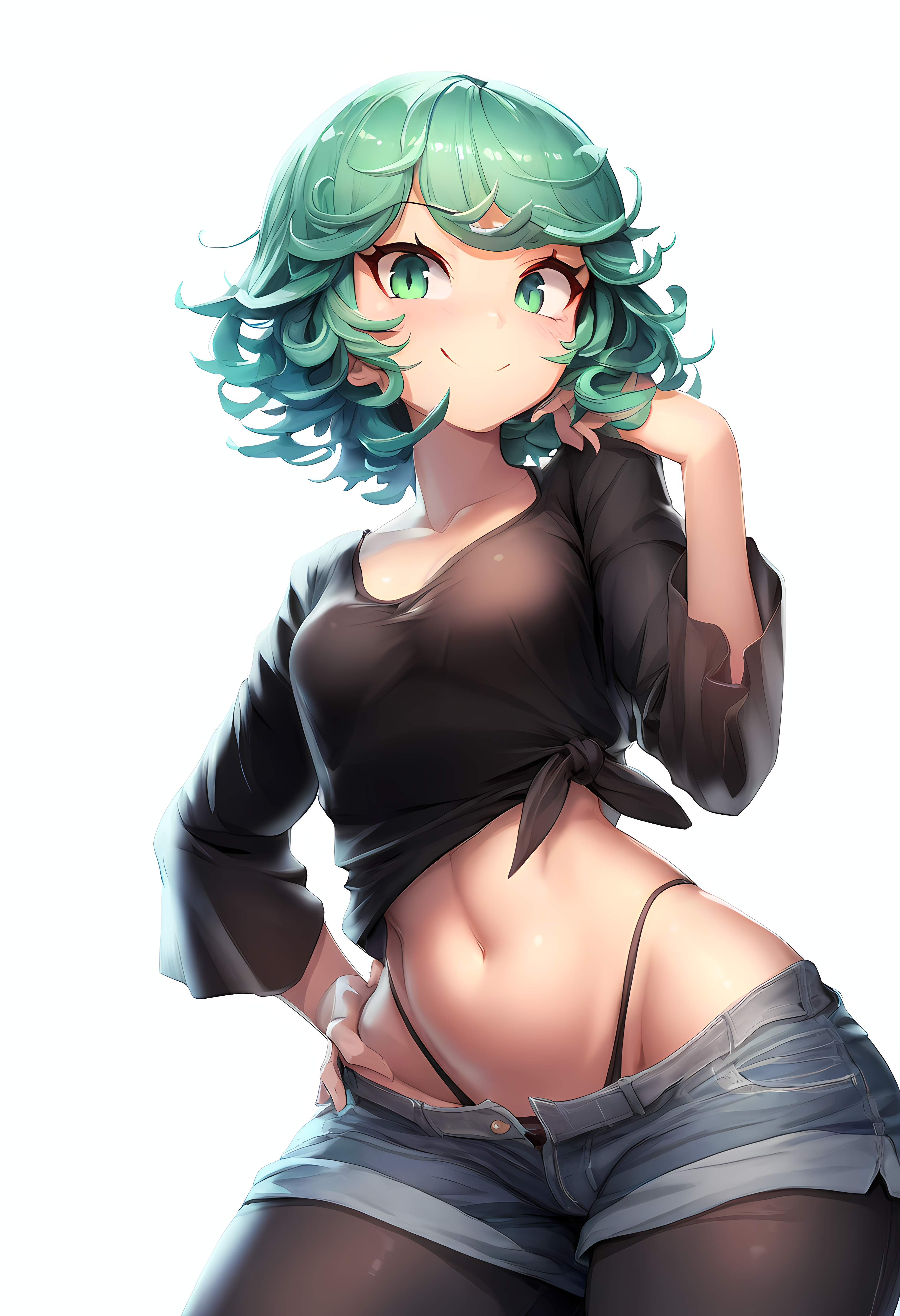 1girls, ai generated, belly, belly button, breasts, clothed, clothed female, clothing, curly hair, eyelashes, female, female only, g-string, green eyes, green hair, hand on hip, light skin, light-skinned female, looking at viewer, navel, novelai, one-punch man, short hair, small breasts, smile, solo, solo female, standing, stomach, tatsumaki, thong