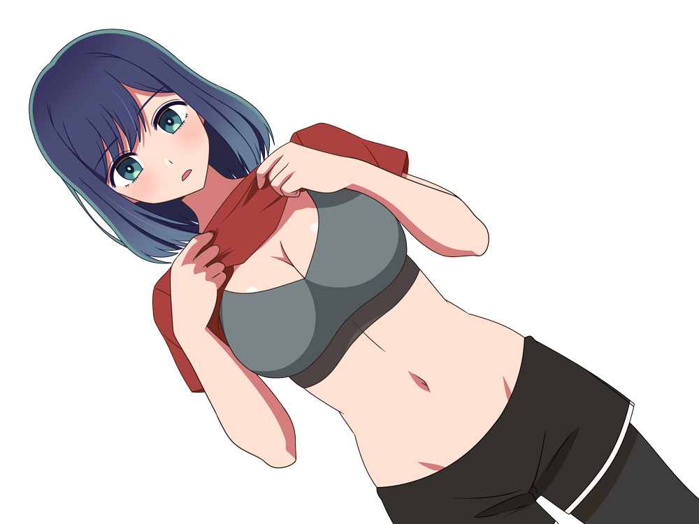 1girls bare_midriff belly belly_button black_shorts blue_eyes blue_eyes_female blue_hair blue_hair_female blush bra breasts cel_shading cleavage cropped_legs dark_blue_hair dot_nose dutch_angle elbows female female_focus female_only fingers front_view grey_bra hair high_resolution highres hip_lines hourglass_figure indigo_hair inner_hair kurokawa_akane large_breasts legs light-skinned_female light_skin medium_hair navel navel_line open_mouth oshi_no_ko pelvic_lines pixiv_id_92145516 red_shirt shirt shirt_lift shirt_up short_hair short_sleeves shorts shorts_over_legwear shoulder_length_hair simple_background simple_shading slender_body slender_waist slim_girl slim_waist solid_color_background solid_colors solo sportswear standing student teenager thighs thin_waist underwear undressing upper_body v-line vertical_navel white_background wide_hips