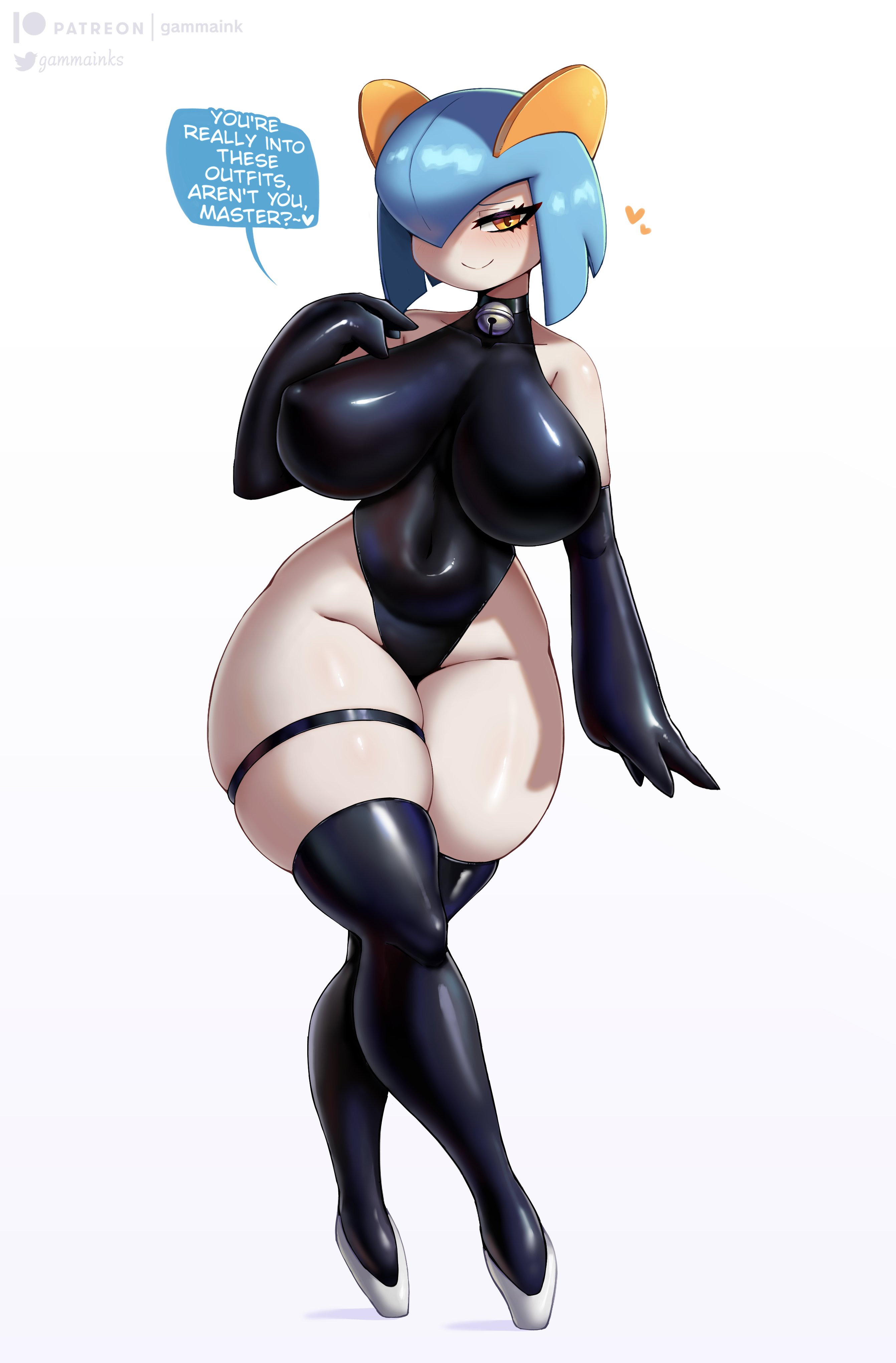 <3, 1girls, anthro, armwear, big breasts, black thighhighs, breasts, dialogue, english text, female, female only, gammainks, generation 3 pokemon, jpeg, kirlia, latex, latex gloves, latex suit, legband, leotard, lia (gammainks), looking at viewer, neck bell, nintendo, nipple bulge, orange eyes, pokémon (species), pokemon, pokemon (species), shiny kirlia, shiny pokemon, smiling, smiling at viewer, solo, solo female, speech bubble, standing, standing on tip toes, talking to viewer, thick thighs, thigh squish, thighhighs, white background, wide hips