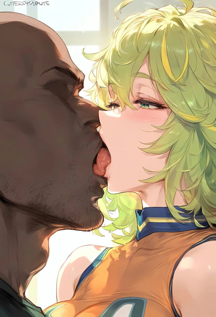 1boy, 1girls, ai generated, boku no hero academia, cheerleader, cheerleader uniform, dark skin, dark-skinned male, female, french kiss, green eyes, green hair, half-closed eyes, interracial, light skin, light-skinned female, male, medium hair, multicolored hair, my hero academia, nakatori, shounen jump, squatting, sweat, sweatdrop, tongue, tongue kiss, tongue out, tooru hagakure, tooru hagakure (visible)