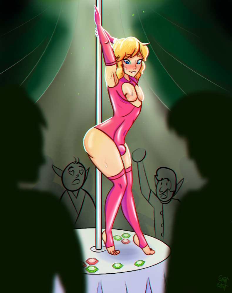 androgynous audience bimbo blonde_hair blue_eyes blush bulge canon_crossdressing cleavage_cutout crossdressing crowd dancing exhibitionism femboy femboy_stripper feminine_male freckles girly gloves happy heart_cutout human hylian latex link male male_stripper nintendo pointy_ears pole pole_between_ass pole_dancing rupee smile smutstrut stripper stripper_pole sweat the_legend_of_zelda thick_thighs thigh_highs trap