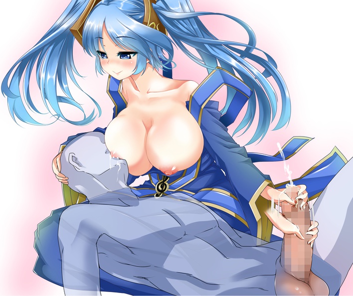 big breasts, blue eyes, blue hair, breast sucking, breasts, cum, erect nipples, female, handjob, lactation, league of legends, male, male/female, milking, nipples, nursing handjob, sona buvelle, tagme