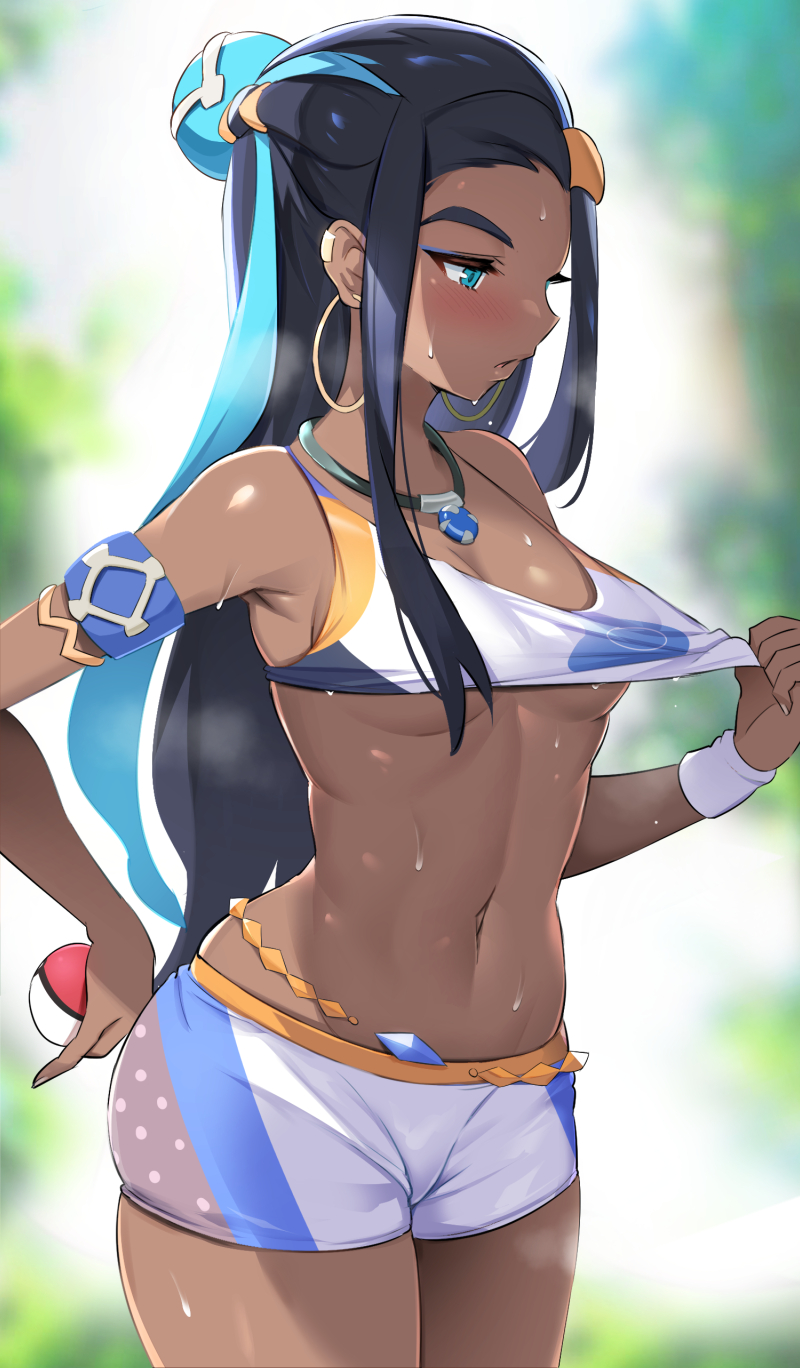 1girls abs armpits belly blush bracelet breasts cleavage dark-skinned_female dark_skin earrings eyelashes eyeshadow female female_only fit gem gloves half-closed_eyes hand_on_hips heavy_breathing hoop_earrings hourglass_figure human long_hair looking_away makeup midriff navel necklace nessa_(pokemon) nintendo noripachi pokemon pokemon_ss pose shirt shorts small_breasts solo standing tank_top underboob wet wide_hips