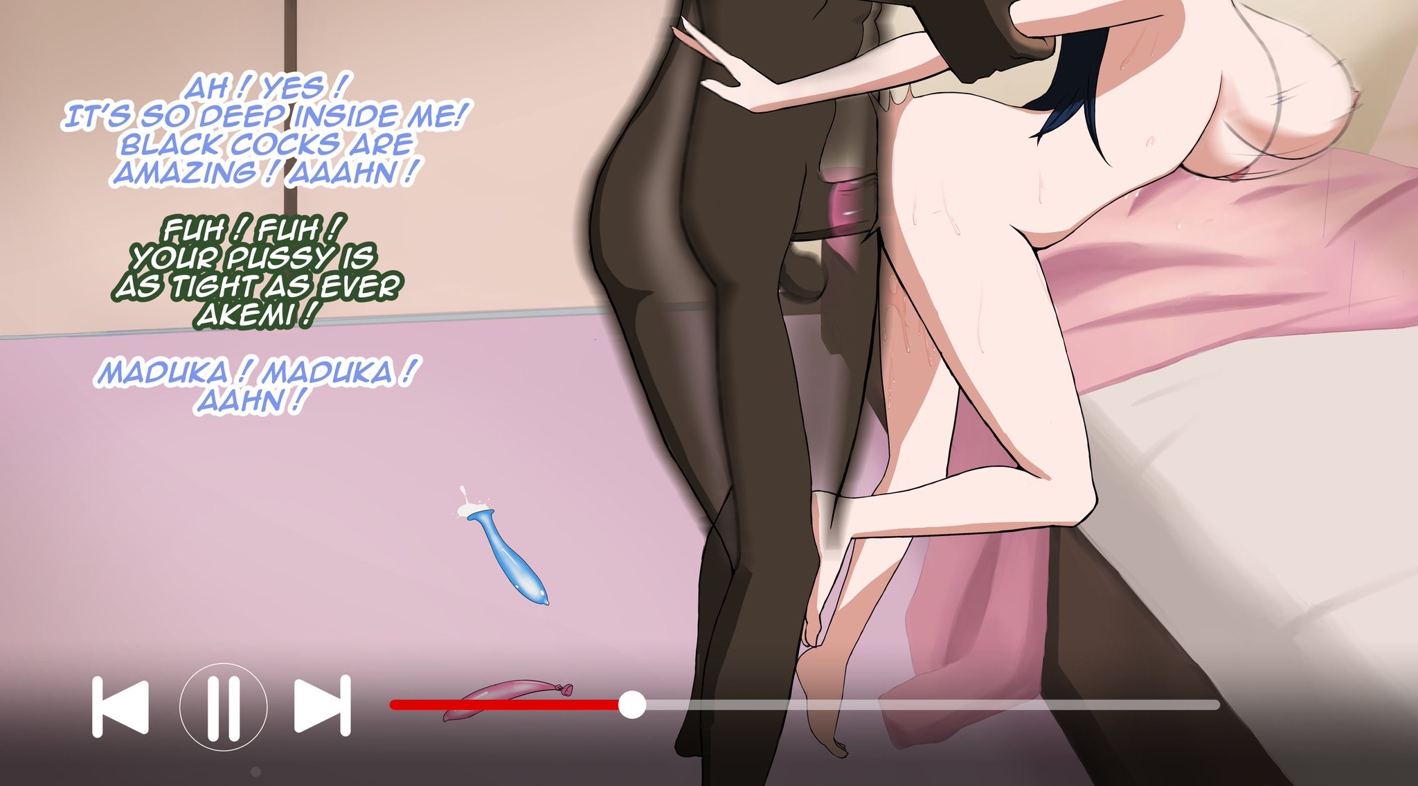 1boy, 1girls, big penis, cheating, cheating girlfriend, cuckold, dark skin, dark-skinned male, doggy style, english text, female, interracial, light-skinned female, male, mitsurugi meiya, muv-luv, ntr, penis, pussy, raceplay, teruyo, text, vaginal penetration