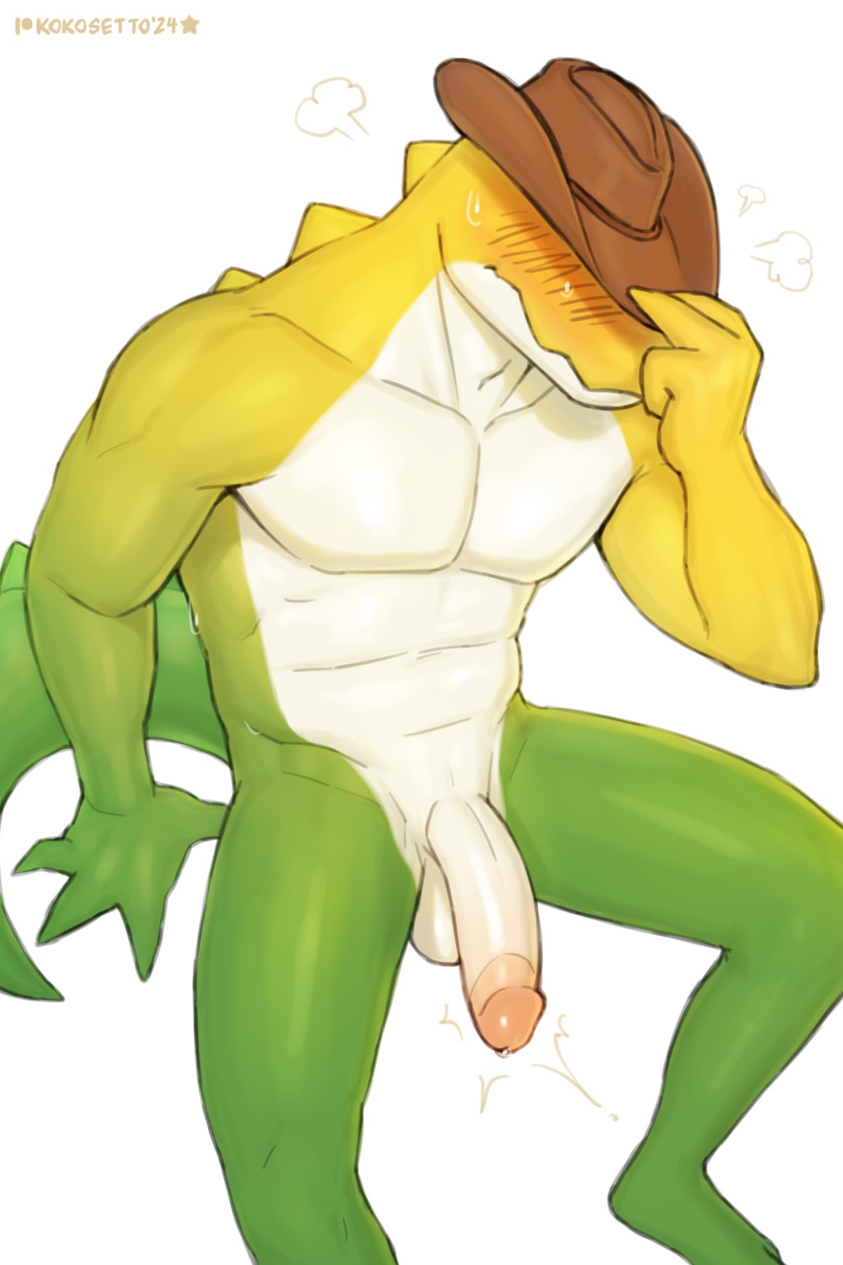 1boy blush_lines blushing brown_hat crocodile crocodile_humanoid crocodile_tail crocodilian embarrassed eyeshadow green_body green_skin gummigoo_(the_amazing_digital_circus) hat_pin kokosetto looking_down male male_only muscular muscular_arms muscular_legs sitting solo sweating sweating_profusely tagme tail the_amazing_digital_circus twitching_penis white_background white_body white_skin yellow_body yellow_skin