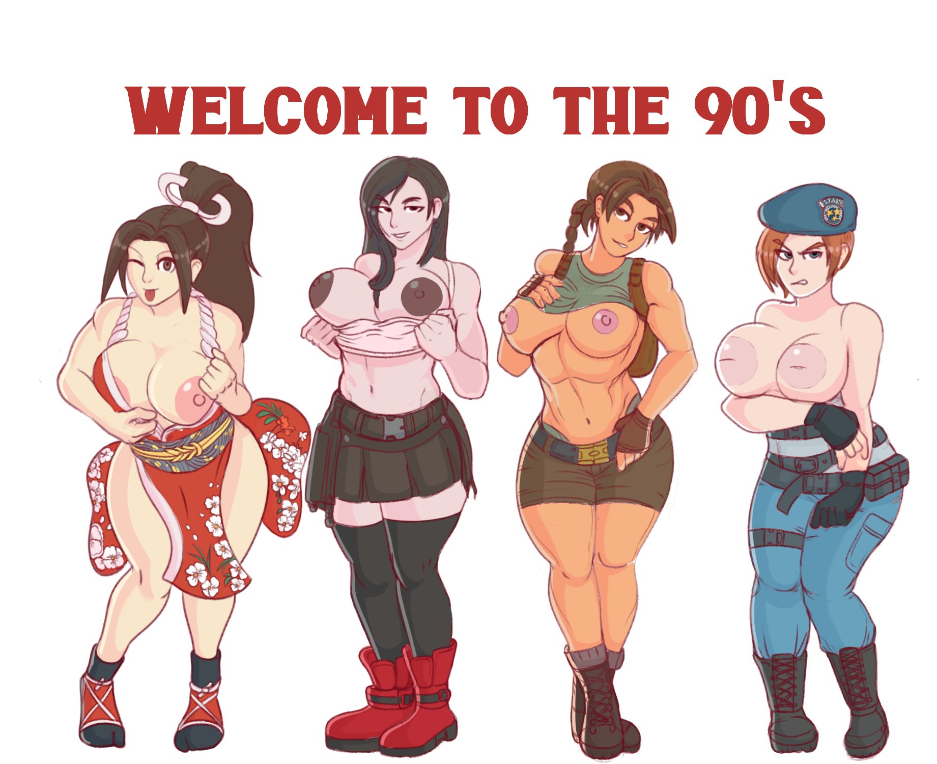 4girls, abs, areola slip, areolae, athletic, backpack, bag, bare legs, bare shoulders, belt, beret, biceps, big breasts, black hair, blue eyes, boots, braid, breasts, brown eyes, brown hair, busty, capcom, clothing, crossover, eastern and western character, fatal fury, female, female focus, female only, final fantasy, final fantasy vii, fingerless gloves, footwear, handwear, headgear, hourglass figure, human, inverted nipples, jill valentine, jill valentine (julia voth), king of fighters, kunoichi, lara croft, lara croft (classic), large breasts, lewddragon5, long hair, mai shiranui, miniskirt, multiple females, multiple girls, muscles, muscular, muscular female, muscular thighs, navel, nipples, pants, pinup, resident evil, short hair, short shorts, snk, tagme, tank top, tank top lift, tank top pull, thick thighs, thighhighs, tifa lockhart, tomb raider, tomb raider (classic), white background, wide hips