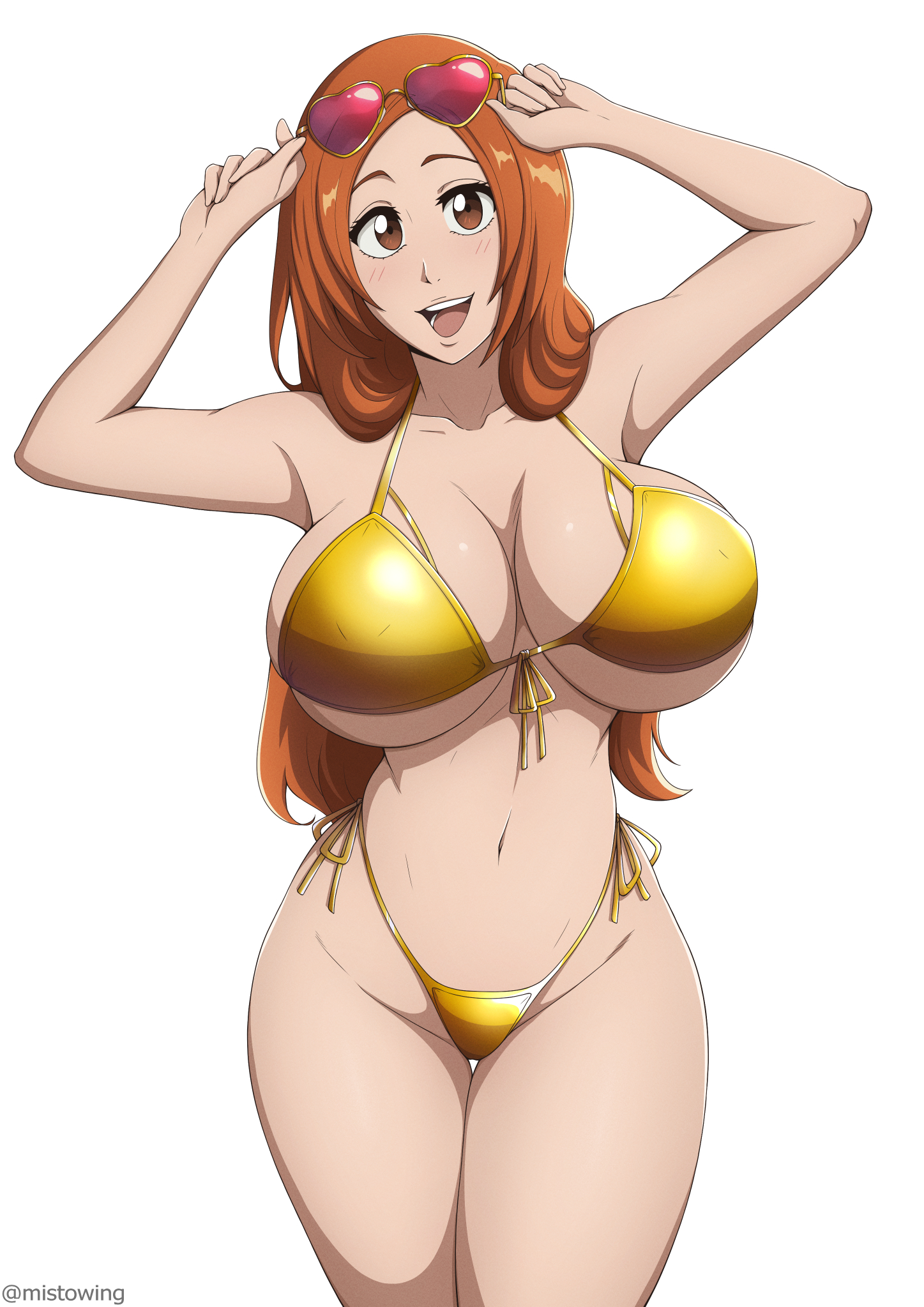 1girls, adjusting eyewear, adjusting sunglasses, armpits, arms up, bare legs, bare midriff, bare shoulders, bare thighs, big breasts, bikini, bikini bottom, bikini top, bleach, bleach: the thousand-year blood war, blush, breast focus, breasts, brown eyes, busty, cleavage, cowboy shot, curvy, eyewear, fat breasts, female, female only, gold bikini, golden bikini, happy, heart, heart-shaped eyewear, high resolution, highleg, highleg bikini, hourglass figure, inoue orihime, large breasts, legs together, long hair, looking at viewer, micro bikini, midriff, mistowing, navel, open mouth, oppa, oppai, orange hair, pinup, revealing swimsuit, side-tie bikini, side-tie bikini bottom, skimpy, skimpy bikini, smile, solo, solo focus, sunglasses, sunglasses on head, swimsuit, thigh gap, thong, thong bikini, very long hair, white background, wide hips
