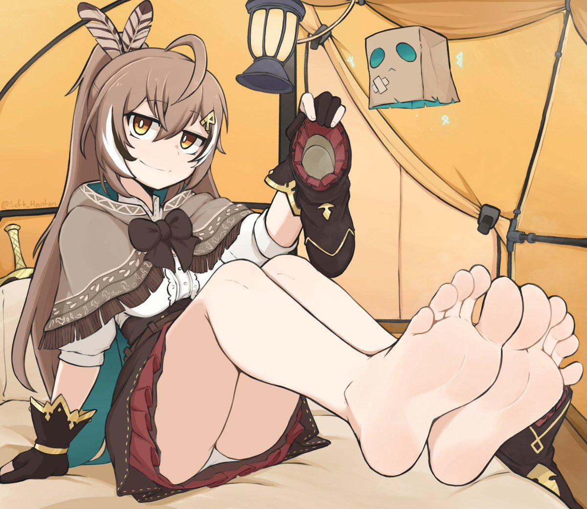 1girls barefoot brown_hair fan_mascot_(vtuber) feet female foot_fetish foot_focus friend_(nanashi_mumei) hololive hololive_english hololive_english_-council- hololive_english_-promise- light-skinned_female light_skin nanashi_mumei panties sitting smile softhanten soles toes virtual_youtuber white_panties yellow_eyes