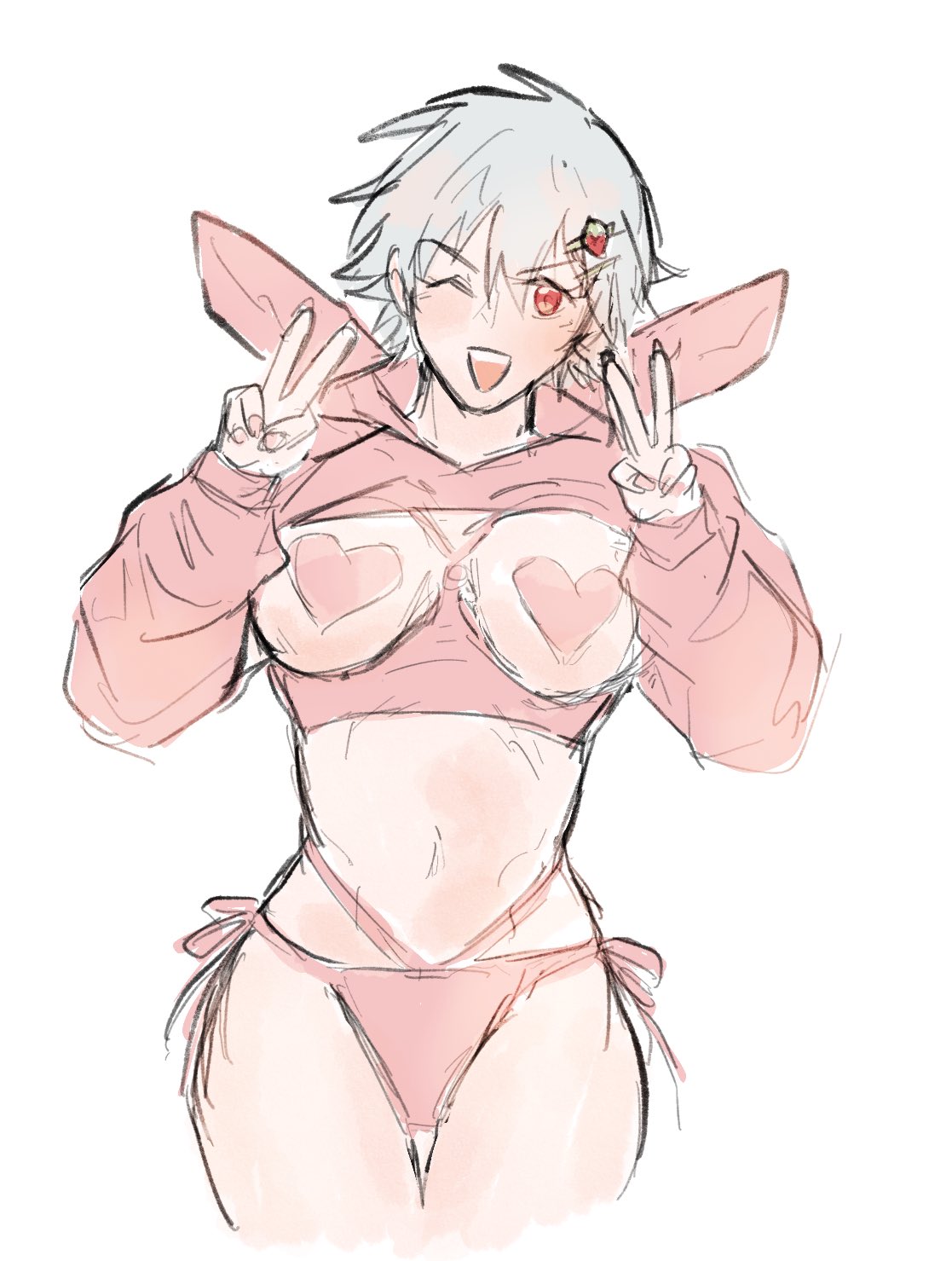 bunny_ears canon_genderswap colored_sketch cropped_hoodie cupless_bra double_v female female_only genderswap_(mtf) ginko_sakata gintama gintoki_sakata heart_pasties hoodie khanoon_k_myst masculine panties pasties pink_panties red_eyes rule_63 short_hair side-tie_panties smile solo strawberry v white_hair wink