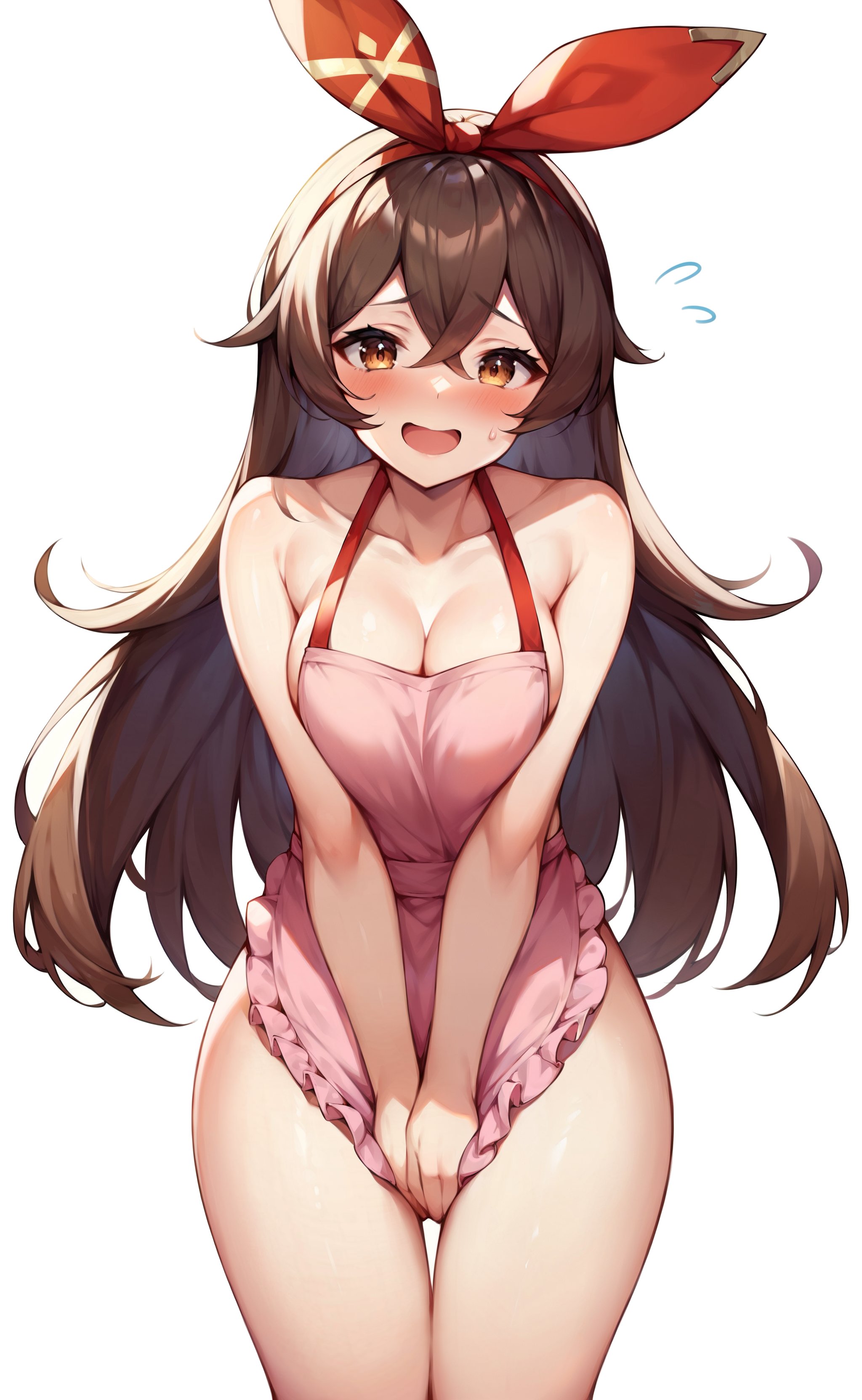 1girls, ai generated, aimoonshine, amber (genshin impact), apron, bare arms, bare shoulders, blush, bow hairband, breasts, brown eyes, brown hair, cleavage, collarbone, covering crotch, covering privates, cowboy shot, crossed bangs, embarrassed, female, flying sweatdrops, frilled apron, frills, genshin impact, hair between eyes, hair ribbon, hairband, large breasts, long hair, looking at viewer, mihoyo, naked apron, open mouth, red ribbon, ribbon, simple background, smile, solo, sweatdrop, thigh gap, thighs, white background