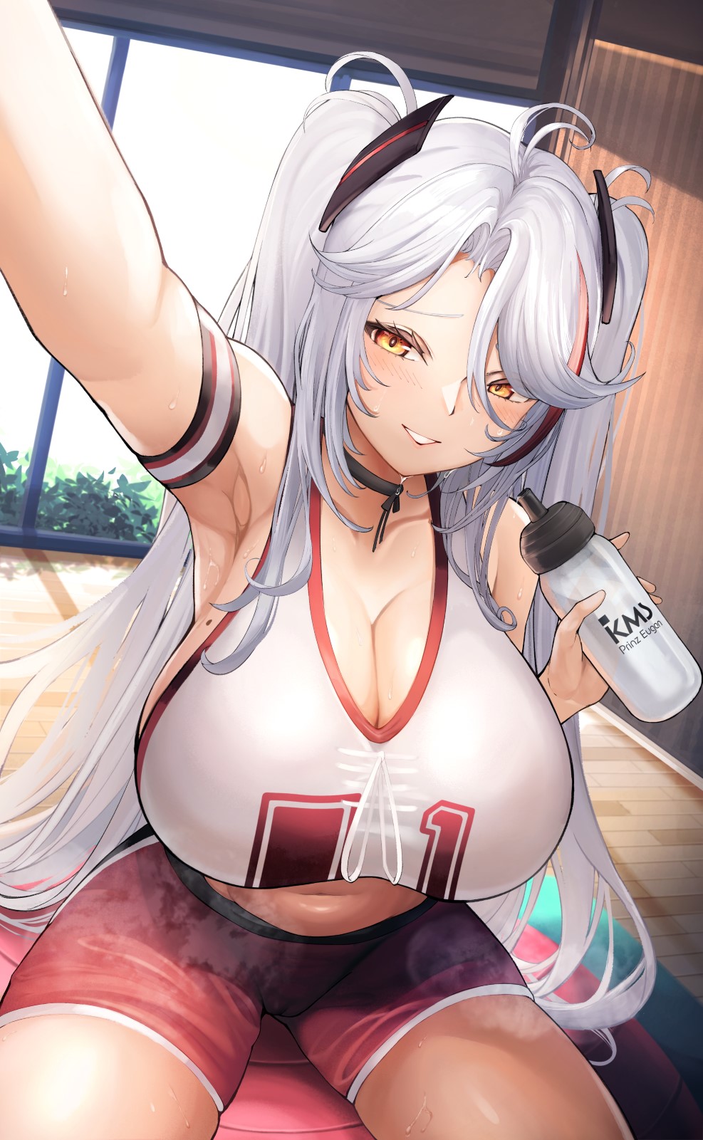 1girls azur_lane booty_shorts breasts cameltoe cleavage female huge_breasts iron_blood_(azur_lane) light-skinned_female light_skin long_hair naughty_face prinz_eugen_(azur_lane) prinz_eugen_(brilliant_touchdown)_(azur_lane) short_shorts shorts smile sports_bra sportswear thick_thighs twintails white_hair yusha_(m-gata)