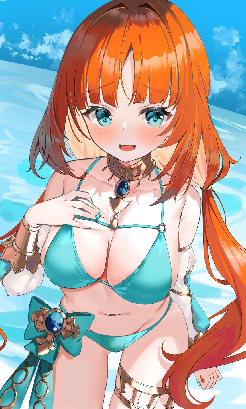 1girls, 2024, 2d, 2d (artwork), alternate costume, beach, belly button, big breasts, bikini, bikini bottom, bikini top, blue bikini, blue bikini bottom, blue bikini top, blue eyes, blush, bra, breasts, clouds, female, female focus, female only, front view, genshin impact, hourglass figure, hoyoverse, light skin, light-skinned female, long hair, looking at viewer, mihoyo, navel, nilou (genshin impact), ocean, outdoors, red hair, ribbon, sky, solo, solo female, solo focus, standing, summer, swimsuit, thong, thong bikini, tukise 33, two piece swimsuit, water, young, younger female