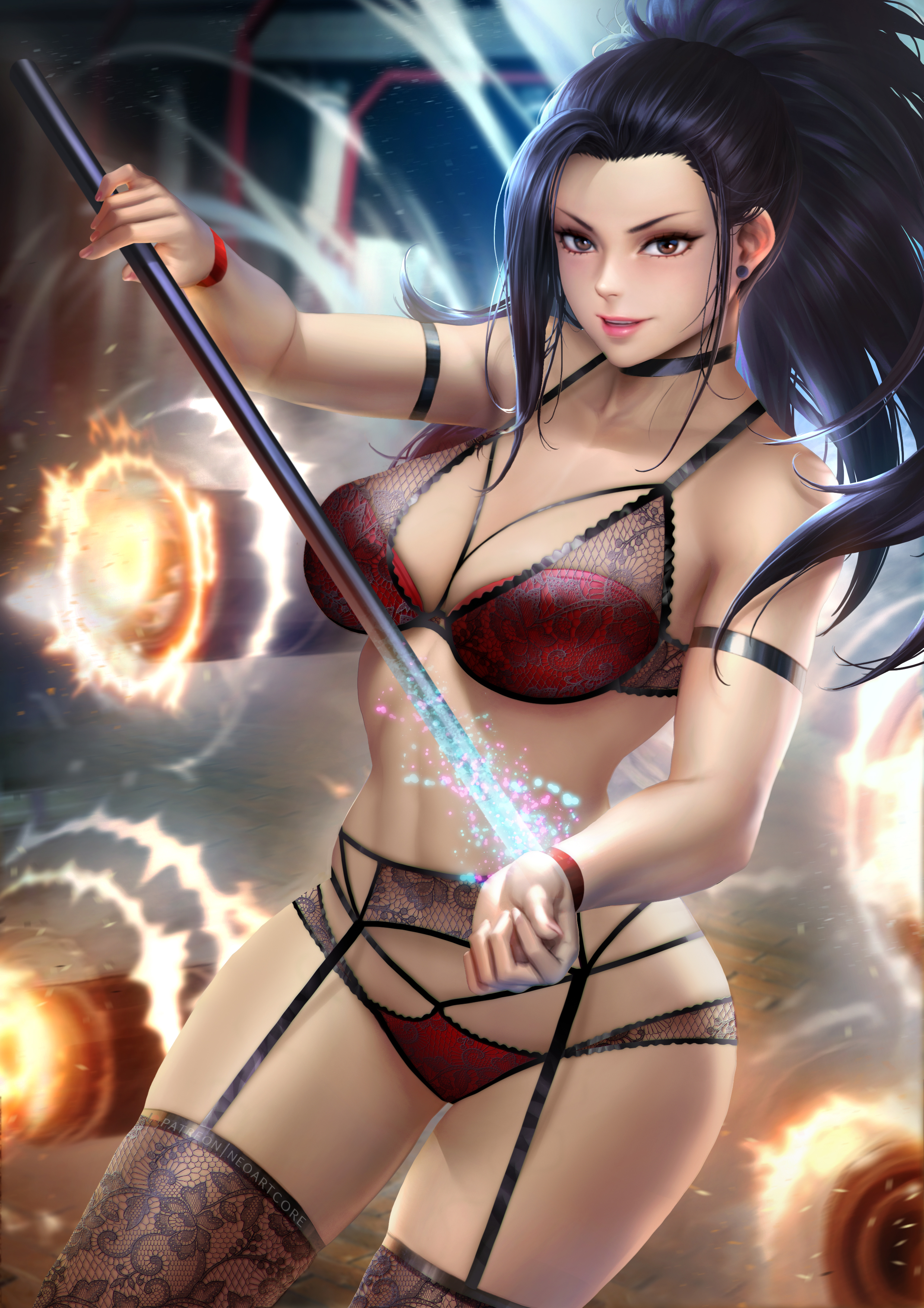 1girls, abs, absurdres, belly, big breasts, black hair, black-haired female, bra, breasts, brown eyes, choker, cleavage, clothed, clothes, earrings, eye contact, female, highres, large breasts, lingerie, long hair, looking at viewer, midriff, momo yaoyorozu, my hero academia, neoartcore, paid reward, panties, patreon, patreon reward, ponytail, pose, red bra, red panties, smile, source request, staff, standing, text, thick thighs, thigh gap, thighhighs, underwear, watermark, weapon, wide hips