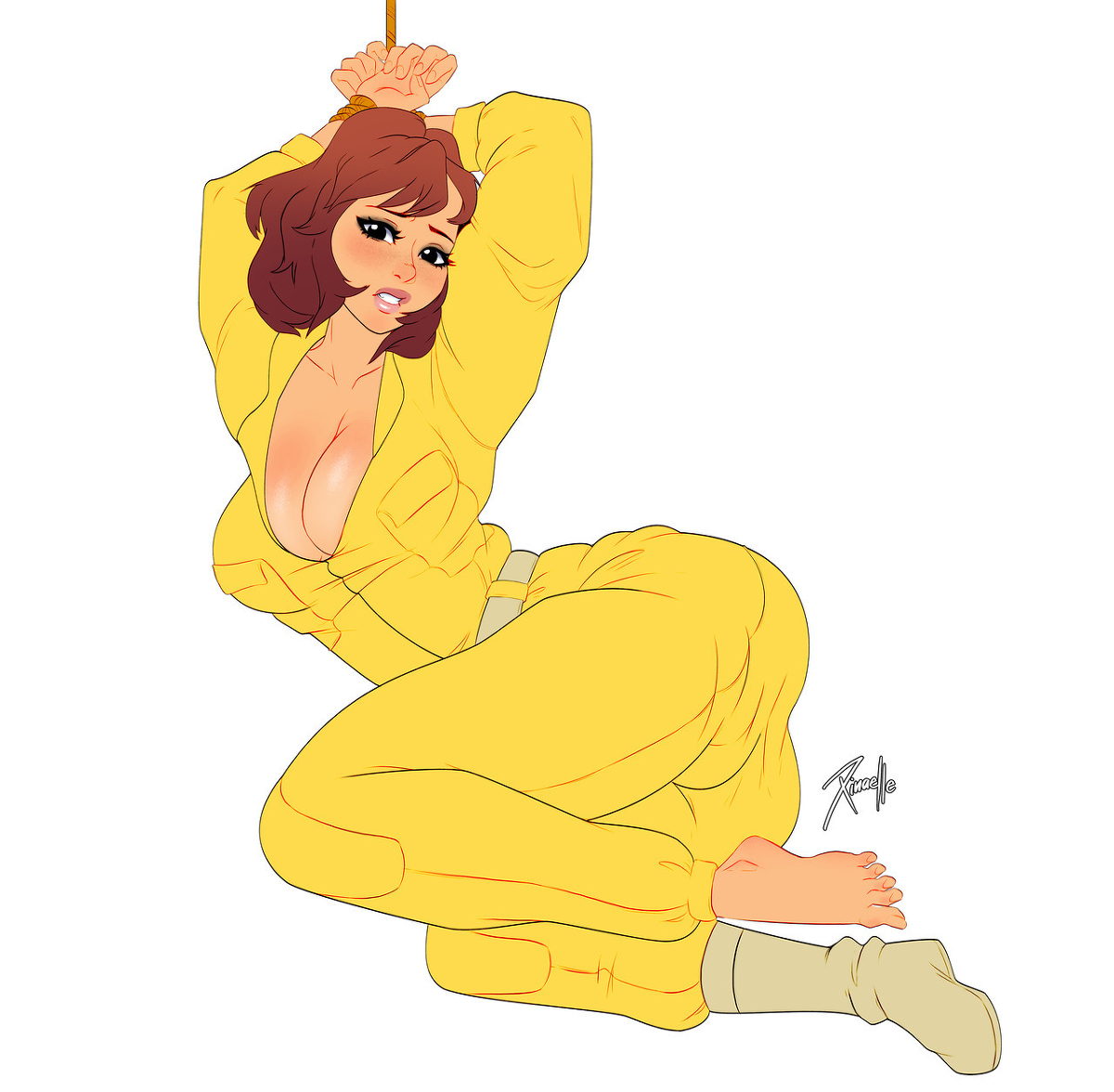 1girls, 2019, alternate version available, april o'neil, april o'neil (tmnt 1987), ass, big breasts, bondage, breasts, cleavage, clothed, female, female only, femsub, huge breasts, jumpsuit, large breasts, lipstick, pussy, pussy bulge, red hair, short hair, solo, teenage mutant ninja turtles, thick, tied up, tmnt 1987, unzipped, unzipped bodysuit, voluptuous, xinaelle