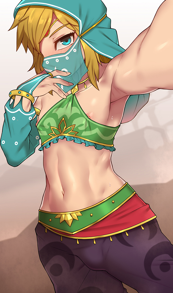 1boy, alternate costume, breath of the wild, bulge, erection, erection under clothes, femboy, gerudo link, girly, link, link (breath of the wild), looking at viewer, male, male only, nt00, penis, penis under clothes, selfie, solo, the legend of zelda, trap