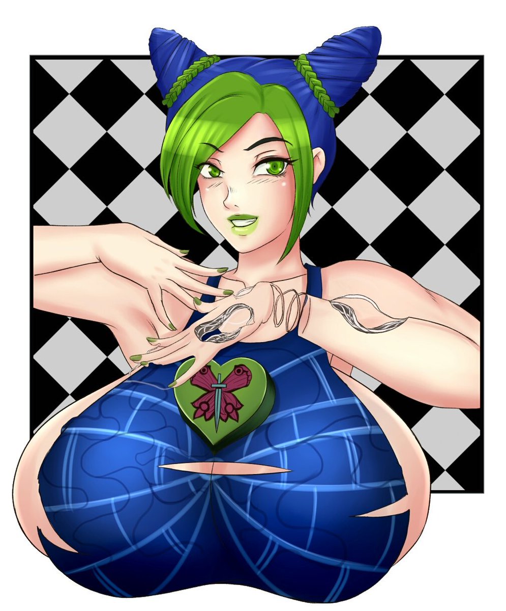 1girls alternate_breast_size big_breasts breasts breasts_bigger_than_head bursting_breasts checkered_background female female_only green_hair huge_breasts human jojo's_bizarre_adventure jolyne_kujo large_breasts mkonstantinov ripped_clothing solo solo_female stand_(jjba) stone_free stone_ocean torn_clothes upper_body