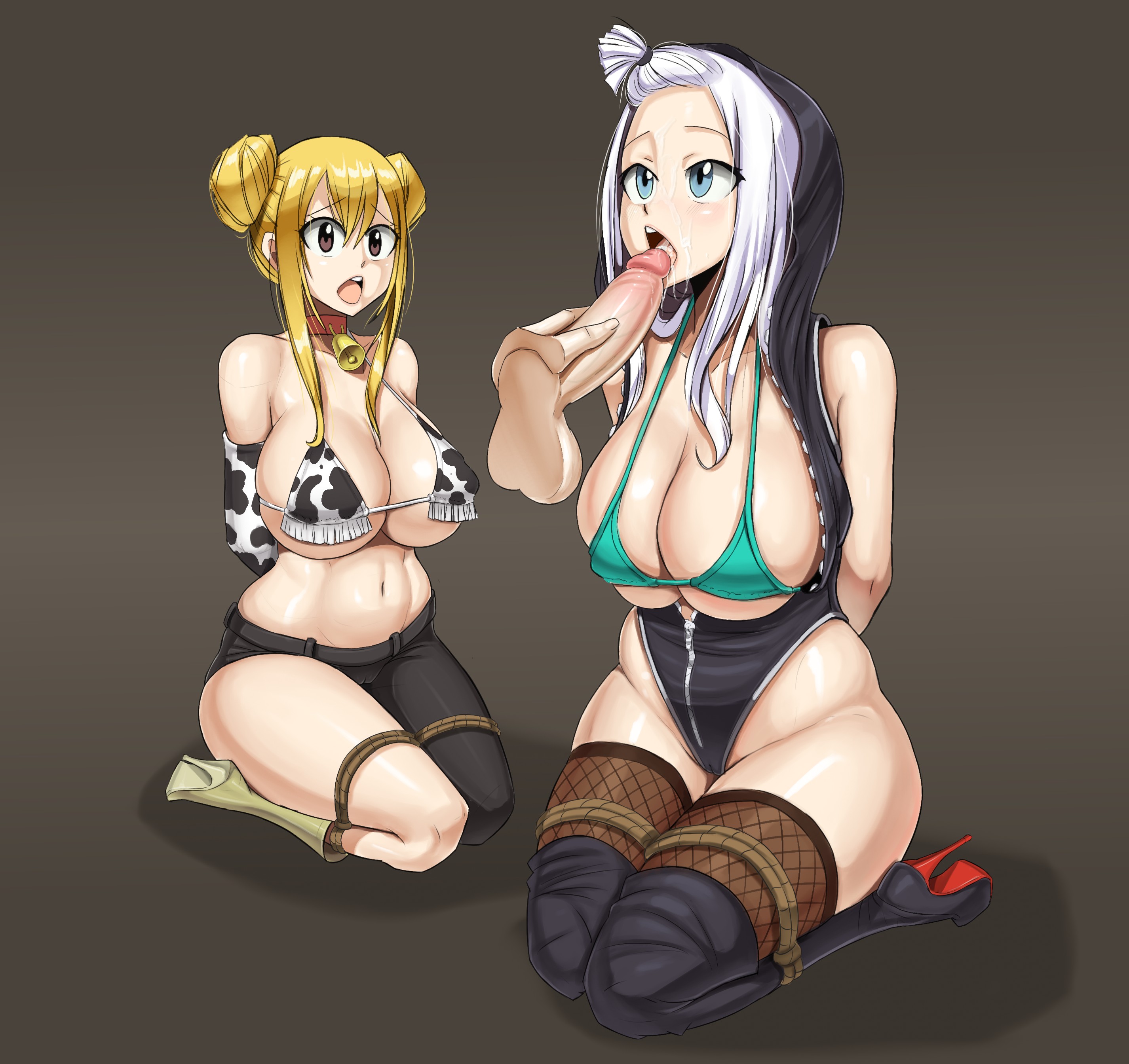 1boy, 2girls, absurdres, arms behind back, bdsm, bikini, blonde hair, blonde-haired female, blue eyes, bodysuit, bondage, boots, bound, breasts, brown background, brown eyes, cow girl, cow print, cum, cum in mouth, cum inside, cum on face, disembodied hand, disembodied penis, enenra, facial, fairy tail, fellatio, female, femsub, high heel boots, high heels, high resolution, highres, kneeling, large breasts, looking at another, looking up, lucy heartfilia, male, mirajane strauss, multiple subs, open mouth, oral sex, penis, platform heels, rope, simple background, submissive, uncensored, white hair, white-haired female