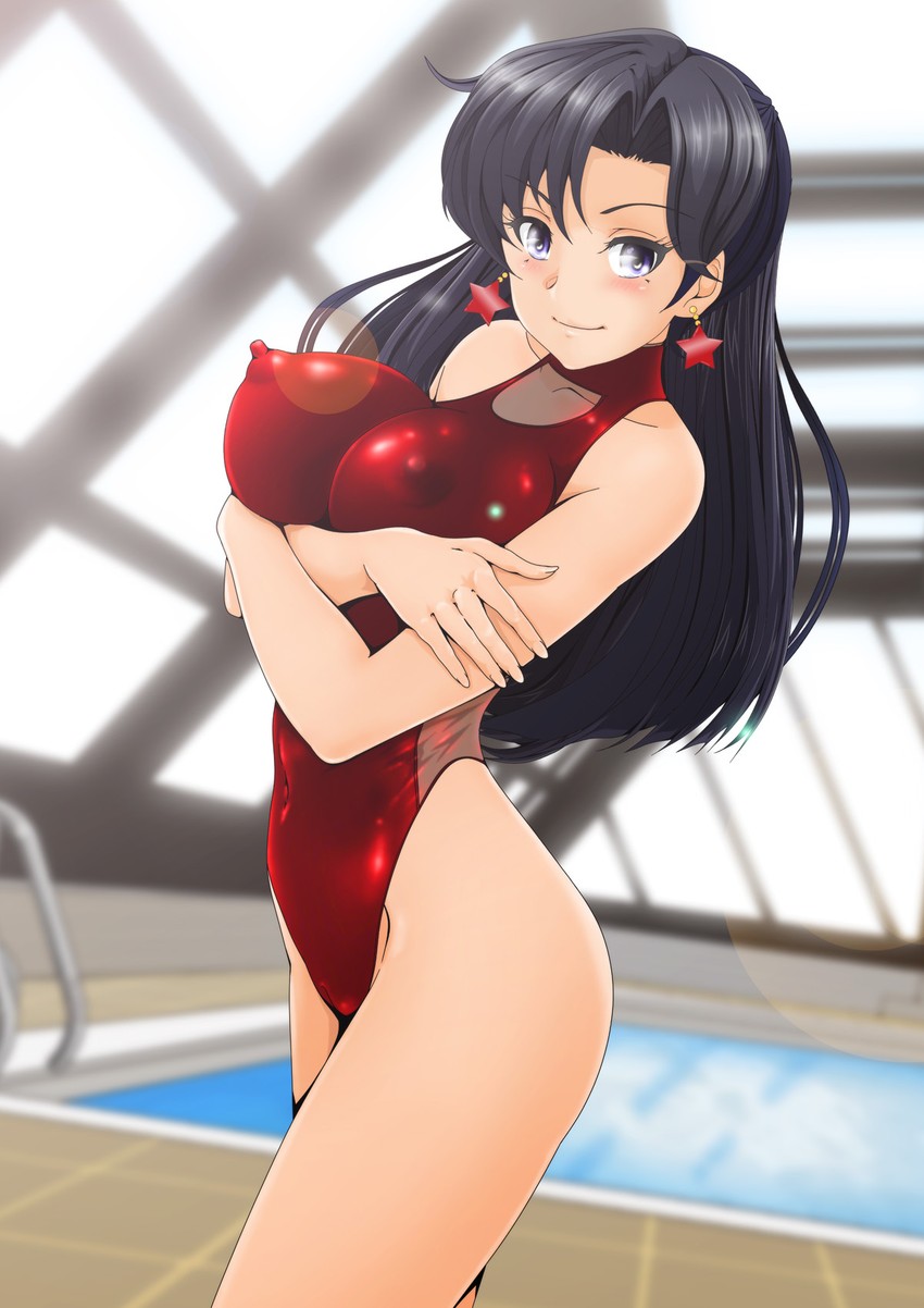 1girls, bikini, bishoujo senshi sailor moon, breasts, competition swimsuit, earrings, erect nipples, female, halterneck, impossible clothes, large breasts, long black hair, long hair, looking at viewer, nanashi noiji, nipple bulge, nipples, one-piece swimsuit, pokies, posing, red one-piece swimsuit, red swimsuit, rei hino, skin tight, solo, swimming pool, swimsuit, tagme, that pool, tight clothing, very long hair