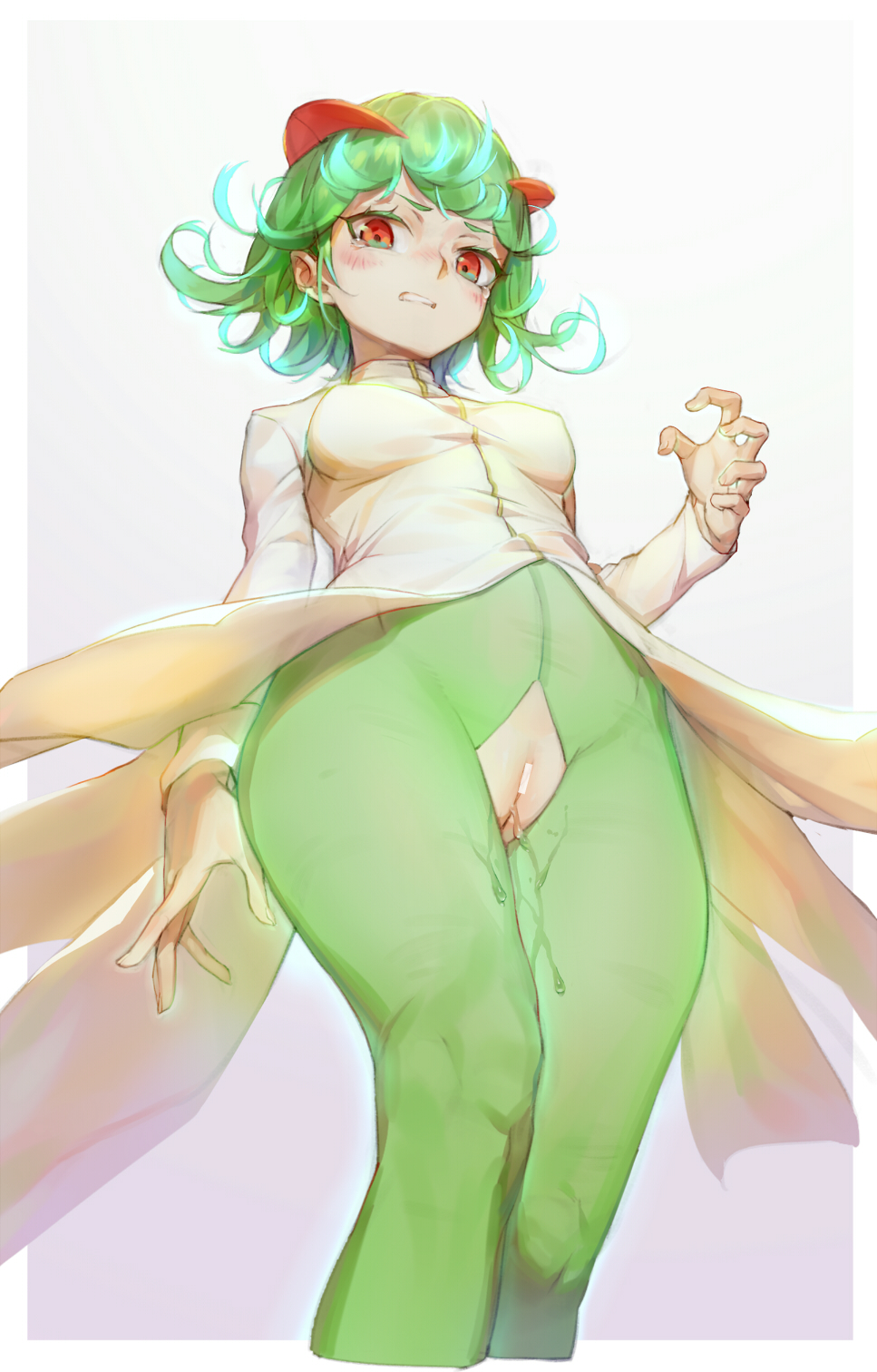 1girls bar_censor blush breasts censored clenched_teeth cosplay crossover crotchless dress female female_only flipped_hair from_below gradient gradient_background green_eyes green_hair green_legwear half-closed_eyes heiyz hi_res highres kirlia kirlia_(cosplay) long_sleeves looking_at_viewer looking_down one-punch_man pantyhose pink_background pokemon pokemon_(cosplay) pokemon_(species) pokemon_rse pussy pussy_juice short_hair simple_background solo solo_female tatsumaki tears teeth white_background white_dress wide_hips