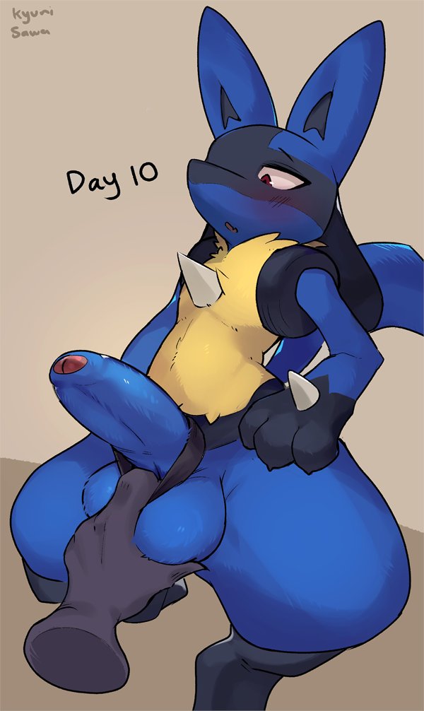 1boy 2019 accessory ambiguous_gender anthro armpits ass big_ass big_ears big_penis big_testicles black_fur blue_fur canine cock_ring disembodied_hand erection feet foreskin furry half-closed_eyes honeycalamari humanoid_penis jewelry large_penis lucario male male_only nintendo no_nipples no_nut_november nude original_character page_10 paws penis penis_accessory penis_jewelry pokemon pokemon_(species) pokemon_dppt pov red_eyes sawakyuri simple_background solo solo_focus text thick_thighs video_games watermark wide_hips yellow_fur